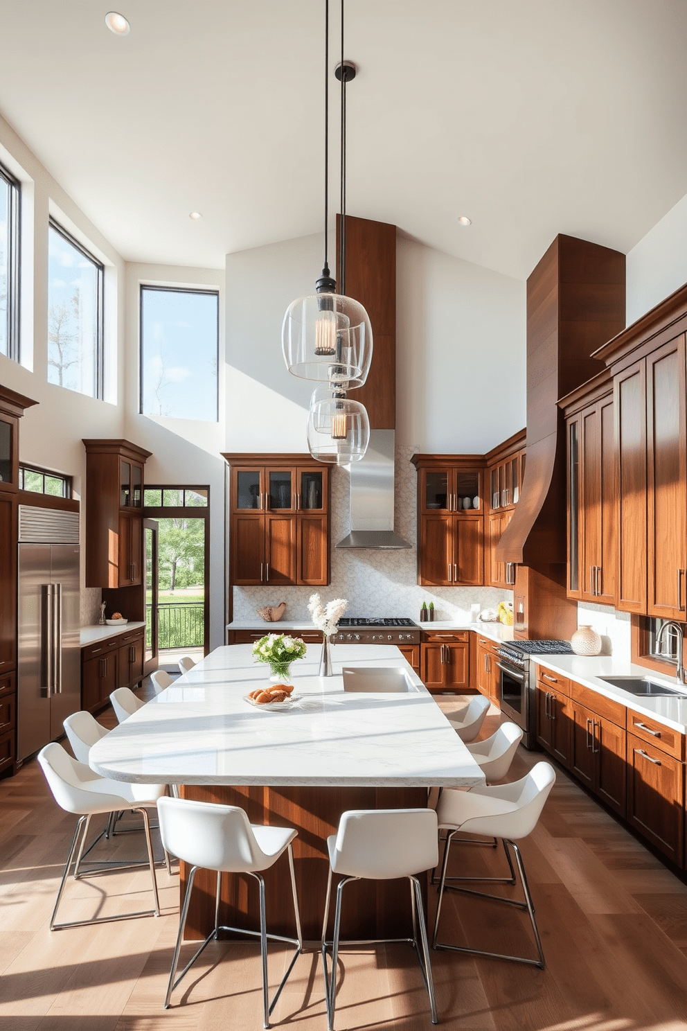 A spacious kitchen featuring a large island with ample seating for casual dining. The island is topped with a sleek quartz surface and surrounded by stylish bar stools in a contemporary design. The kitchen boasts high ceilings adorned with elegant pendant lights that create a warm ambiance. Large windows allow natural light to flood the space, highlighting the rich cabinetry and modern appliances.