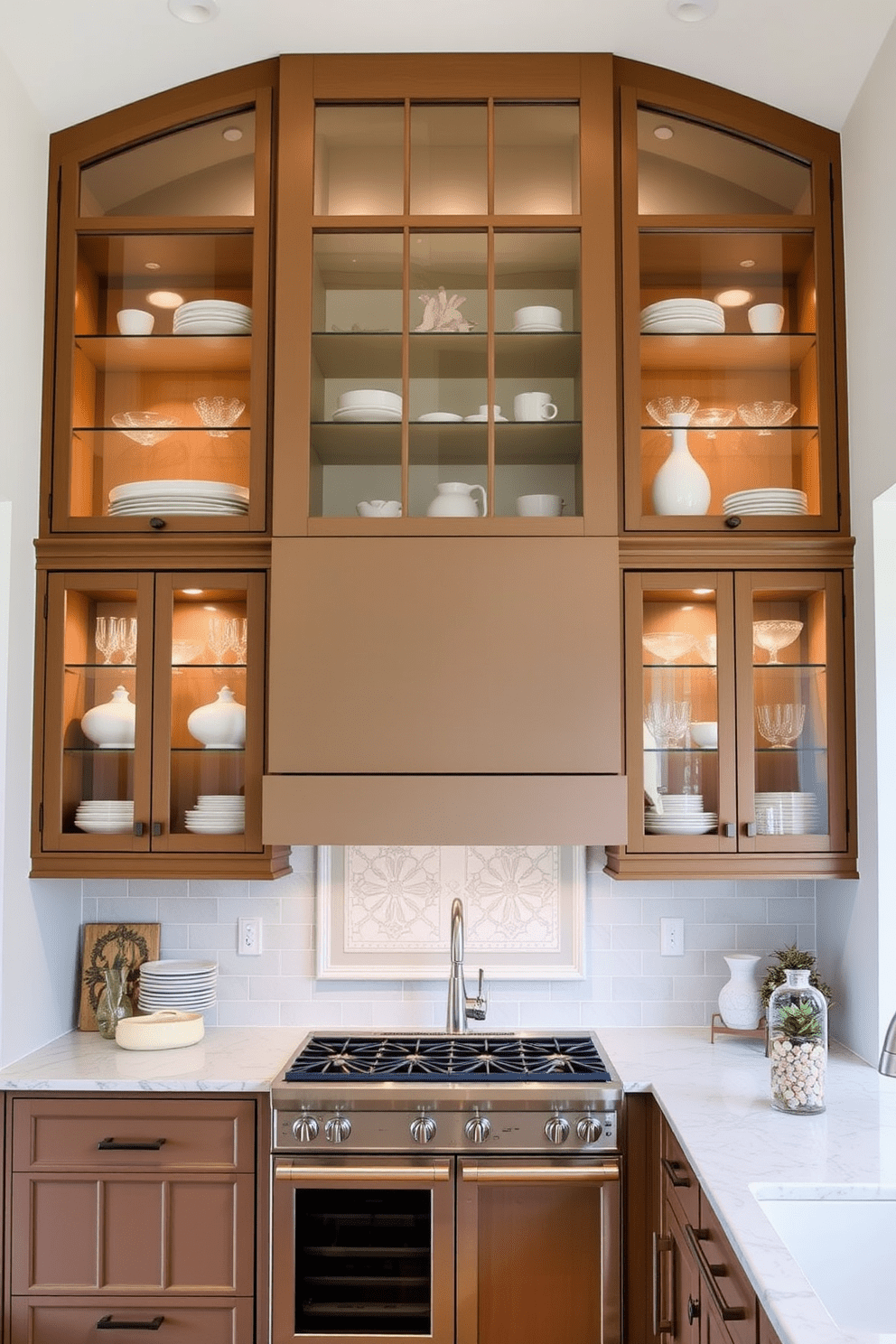 A high ceiling kitchen design featuring glass front cabinets that create an open and airy atmosphere. The cabinets are filled with elegant dishware, allowing for a seamless blend of functionality and style.