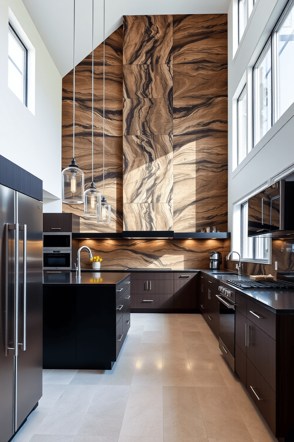 A stunning kitchen featuring a bold backsplash that extends to the ceiling, creating a striking focal point. The cabinetry is sleek and modern, complemented by high-end appliances that enhance the overall aesthetic. The high ceilings add an airy feel to the space, with pendant lights hanging elegantly above the kitchen island. Large windows allow natural light to flood in, highlighting the rich textures and colors of the design.