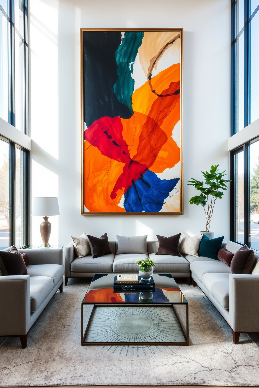 A spacious living room with high ceilings features oversized artwork as a focal point. The artwork is elegantly framed and hung above a sleek modern sofa that complements the room's contemporary aesthetic. Large windows allow natural light to flood the space, enhancing the vibrant colors of the artwork. A stylish coffee table sits in the center, surrounded by plush seating that invites relaxation and conversation.