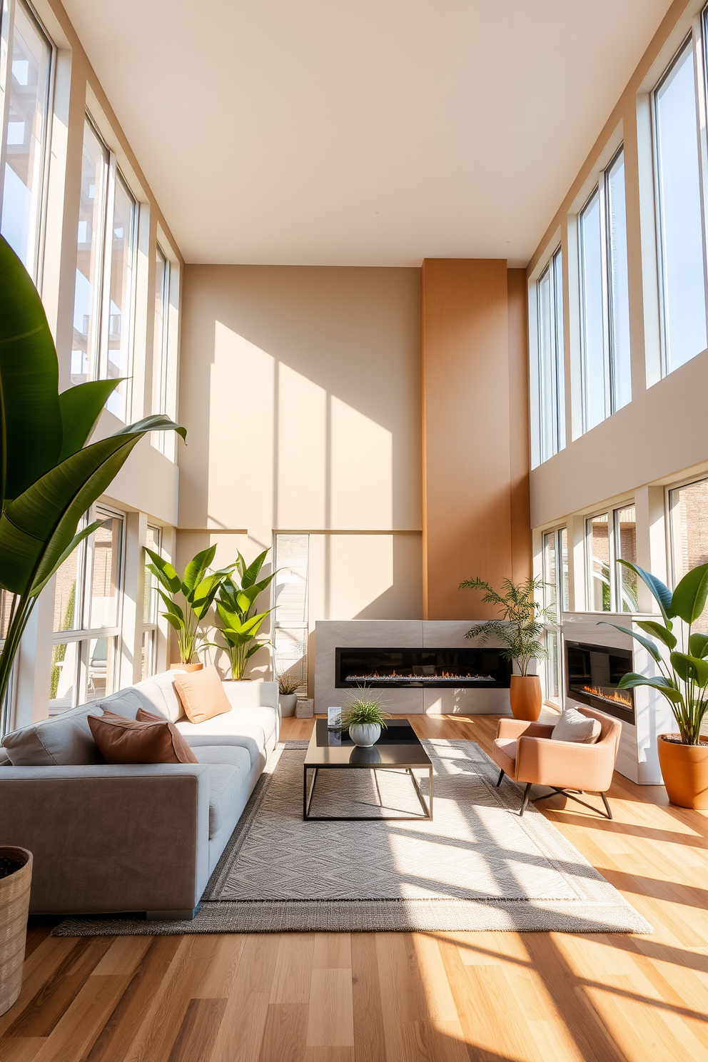 A high ceiling living room filled with natural light. The space features tall windows that stretch from the floor to the ceiling, allowing sunlight to pour in. There are large potted plants placed strategically around the room to create natural height variation. A plush sectional sofa in a neutral tone is positioned to face a modern fireplace, complemented by a sleek coffee table in the center.