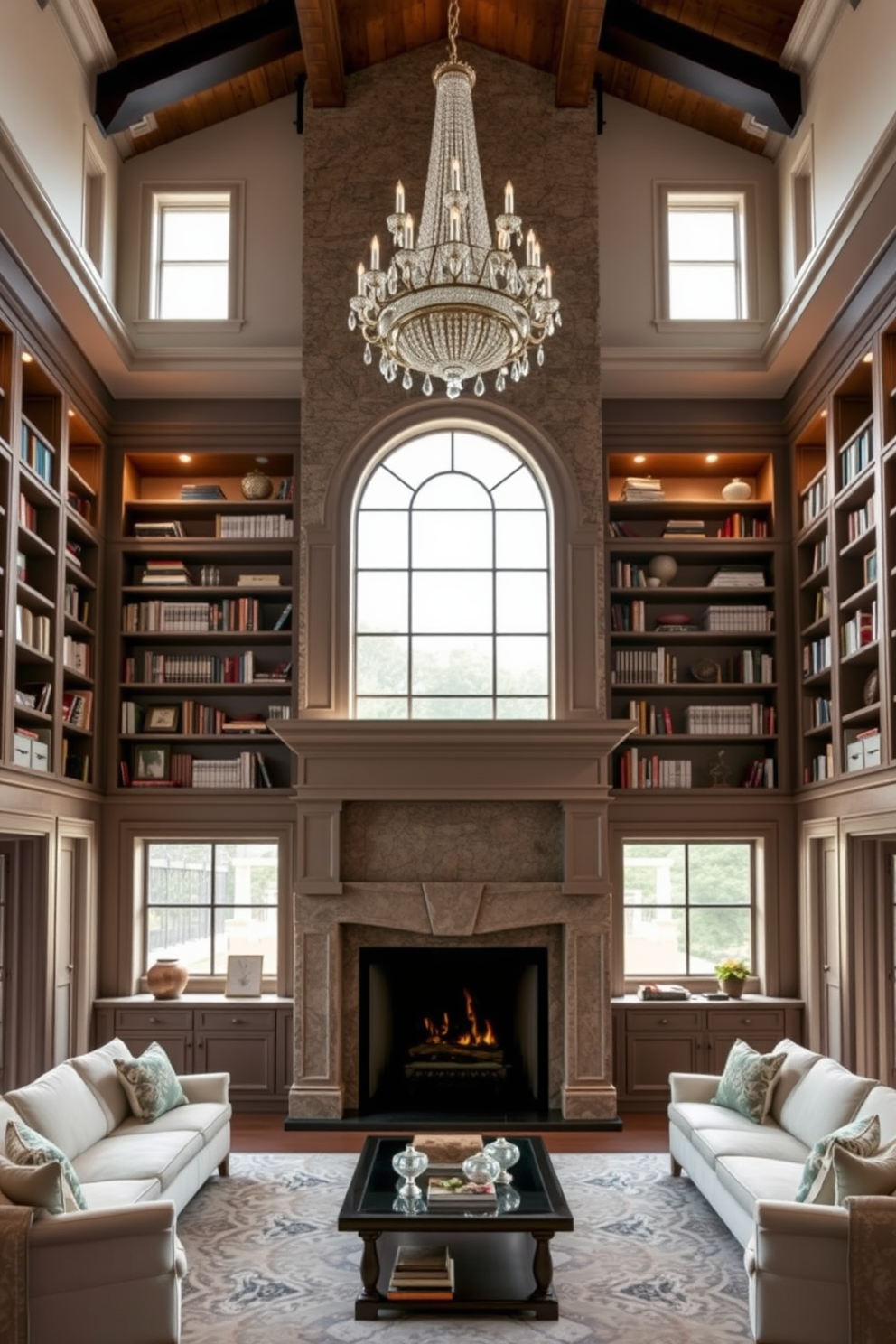 A stunning high ceiling living room features a grand fireplace as the focal point, surrounded by elegant built-in shelves filled with books and decorative items. The room is adorned with large windows that allow natural light to flood in, highlighting the rich textures of the furnishings. The fireplace is framed with exquisite stonework, providing a cozy ambiance that complements the overall sophistication of the space. Plush seating arrangements are strategically placed to encourage conversation, while a statement chandelier hangs majestically from the ceiling, adding a touch of luxury.