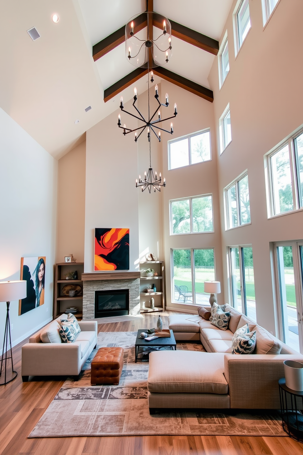 A spacious living room with a high ceiling featuring large windows that allow natural light to flood the space. Layered lighting includes a combination of recessed lights, elegant chandeliers, and stylish floor lamps to create a warm and inviting atmosphere. The walls are painted in a soft neutral tone, accented by bold artwork that adds character to the room. A plush sectional sofa faces a modern fireplace, surrounded by a mix of textured throw pillows and a cozy area rug that ties the design together.