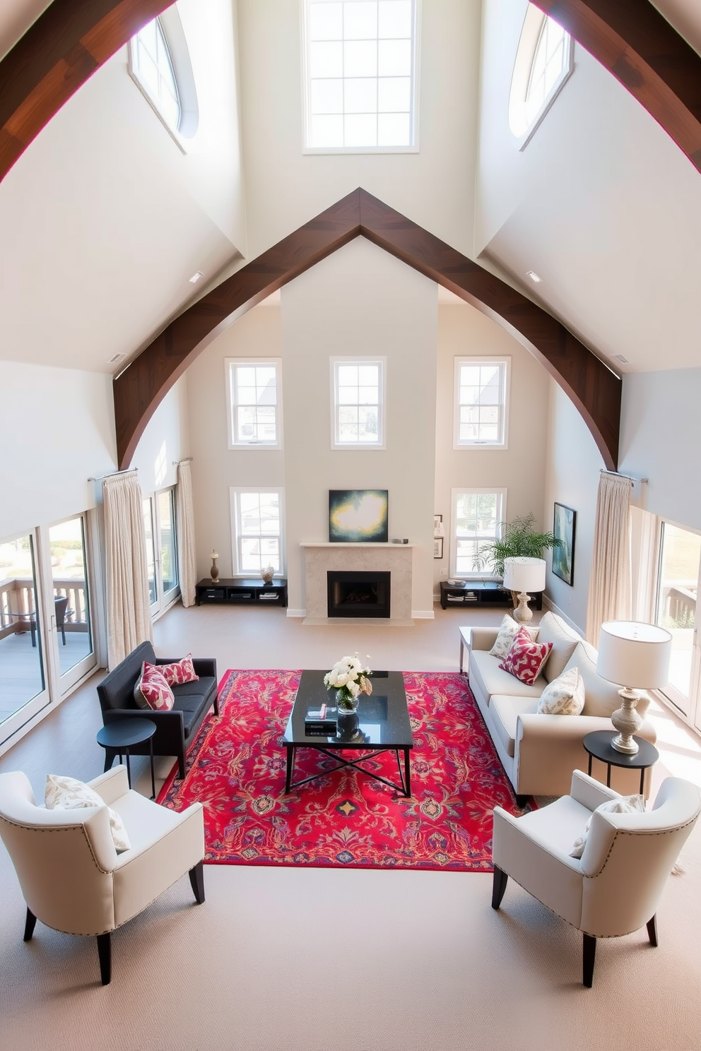 A high ceiling living room featuring decorative beams that enhance the architectural character of the space. The walls are painted in a soft neutral tone, complemented by a large, inviting sectional sofa adorned with plush cushions. Natural light floods the room through expansive windows, creating a warm and airy atmosphere. A stylish coffee table sits at the center, surrounded by elegant accent chairs and a vibrant area rug that ties the design together.