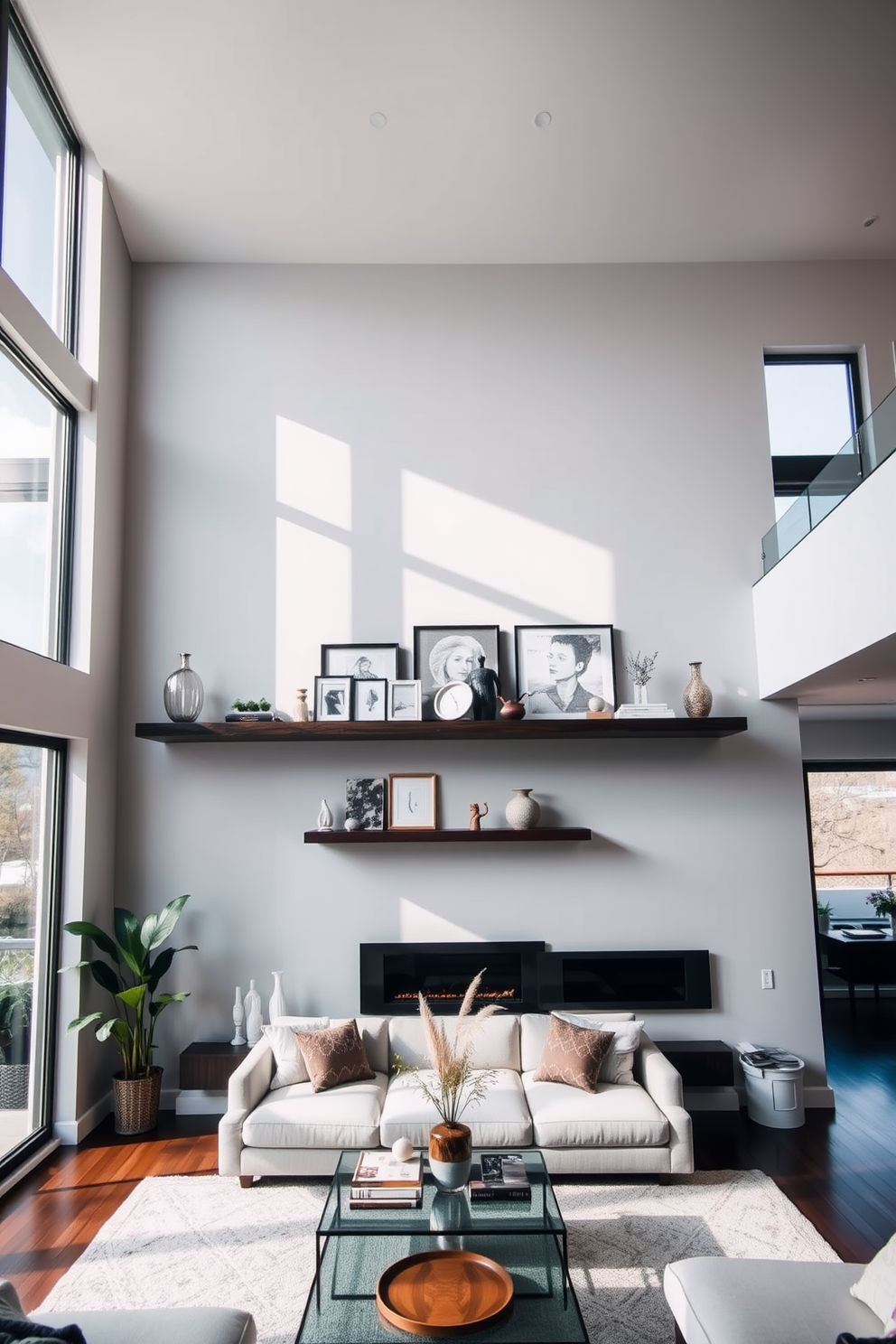 A high ceiling living room features a stunning floating shelf mounted on the wall, elegantly displaying a curated collection of decor items. The space is enhanced by large windows that allow natural light to flood in, highlighting the room's airy atmosphere.