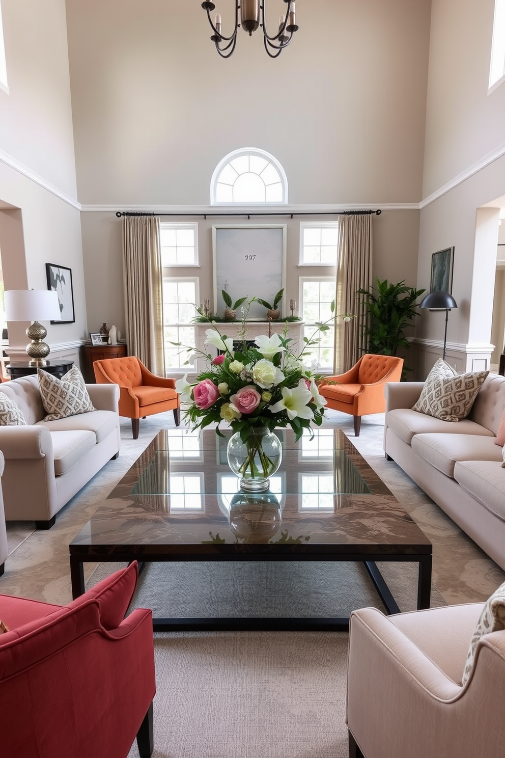 A spacious living room with high ceilings features a large coffee table at the center adorned with an elegant floral arrangement. Surrounding the coffee table are plush sofas in neutral tones, complemented by accent chairs that add a pop of color.