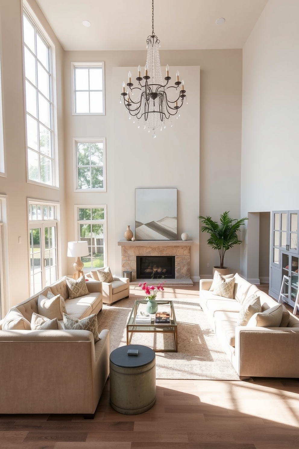 A spacious living room with high ceilings featuring large windows that let in natural light. The walls are painted a soft neutral color, and a cozy area rug anchors the seating arrangement. Use textured fabrics such as velvet and linen for the sofas and throw pillows to create a warm and inviting atmosphere. A statement chandelier hangs from the ceiling, adding elegance and a focal point to the room.