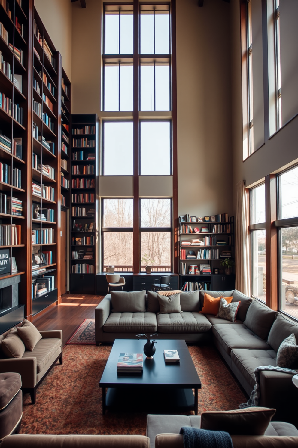 A high ceiling living room featuring tall bookshelves that create vertical interest and draw the eye upward. The shelves are filled with an eclectic mix of books and decorative items, adding personality and warmth to the space. The room is anchored by a large, comfortable sectional sofa positioned around a sleek coffee table. Large windows allow natural light to flood in, highlighting the rich textures of the furnishings and the inviting color palette.