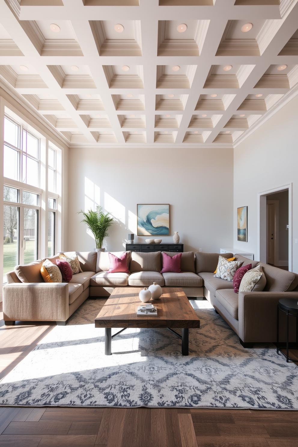 A high ceiling living room features an intricate coffered ceiling design with recessed lighting that adds depth and elegance to the space. The walls are adorned with a soft neutral paint, while large windows allow natural light to flood in, enhancing the airy atmosphere. The room includes a plush sectional sofa in a rich fabric, positioned around a sleek coffee table made of reclaimed wood. Decorative throw pillows in complementary colors add a pop of vibrancy, while a large area rug anchors the seating arrangement, creating a cozy focal point.