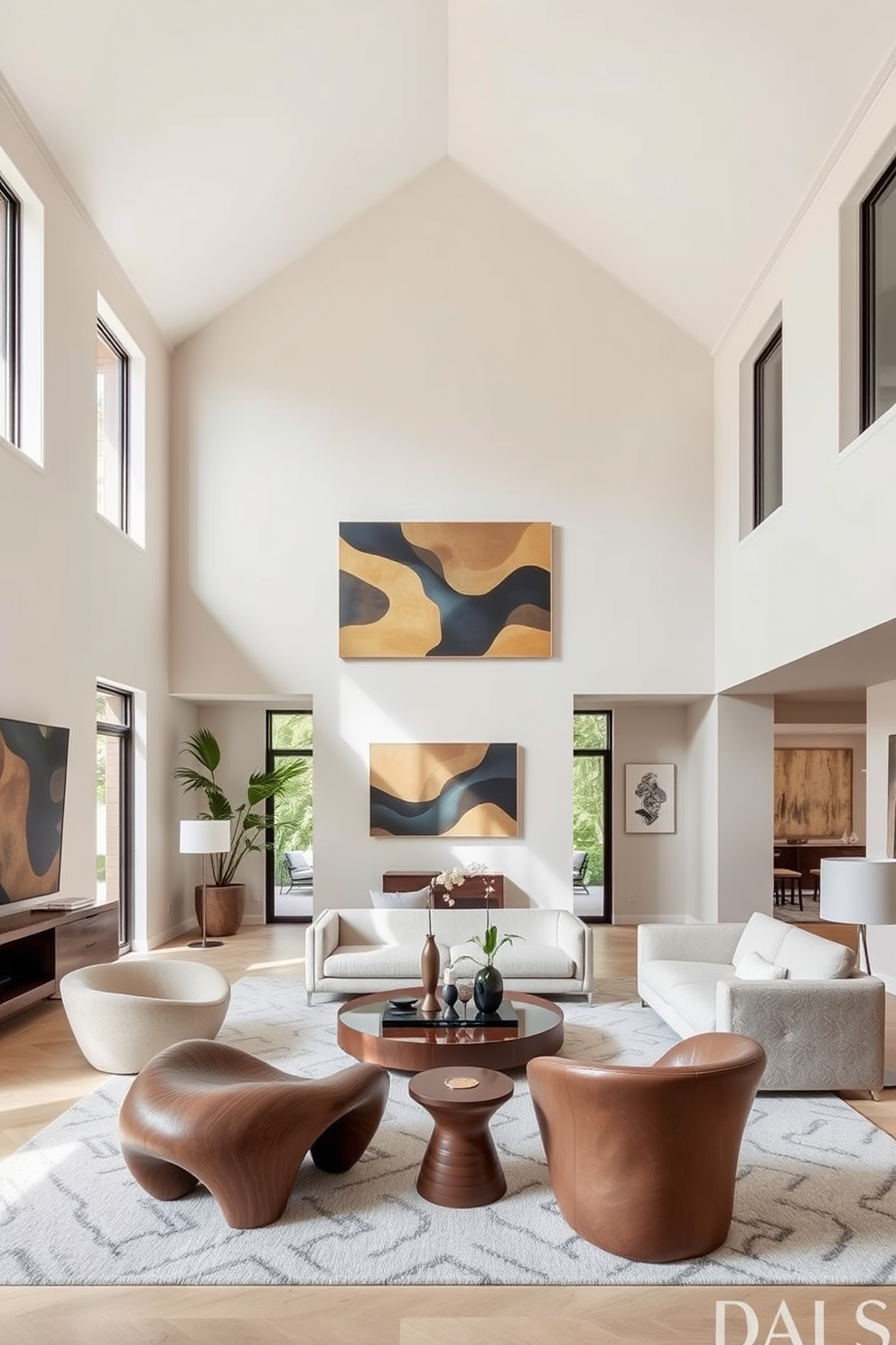 A high ceiling living room features sculptural furniture that adds an artistic flair to the space. The room is bathed in natural light, highlighting the unique shapes and textures of the furniture pieces.