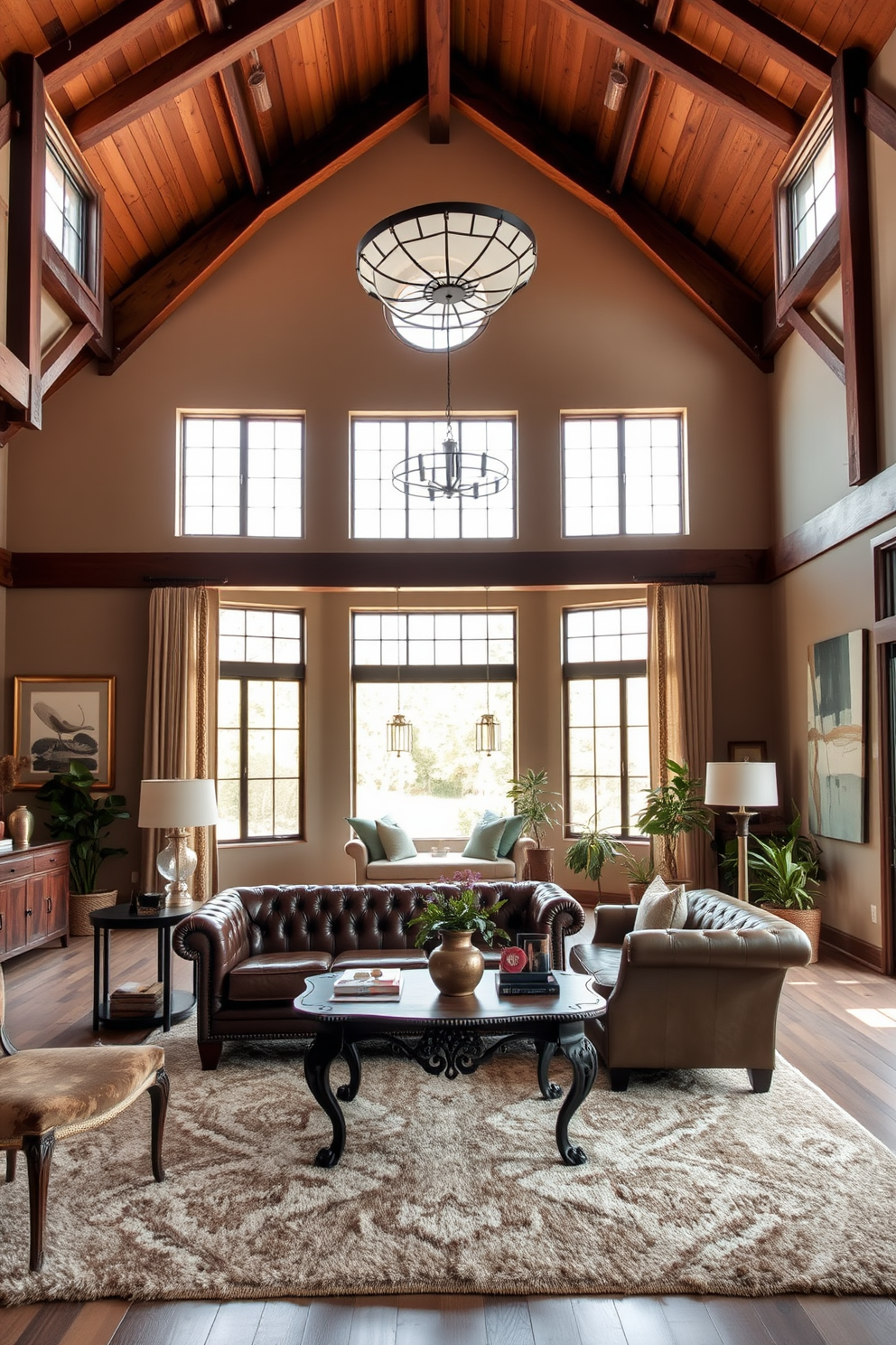 A spacious living room featuring high ceilings with exposed wooden beams and large windows that allow natural light to flood the space. The decor blends vintage furniture pieces like a tufted leather sofa and an ornate coffee table with modern accents such as sleek metal light fixtures and abstract art on the walls. The color palette is a harmonious mix of warm earth tones and cool neutrals, creating a cozy yet contemporary atmosphere. A plush area rug anchors the seating arrangement, while potted plants add a touch of greenery and life to the room.