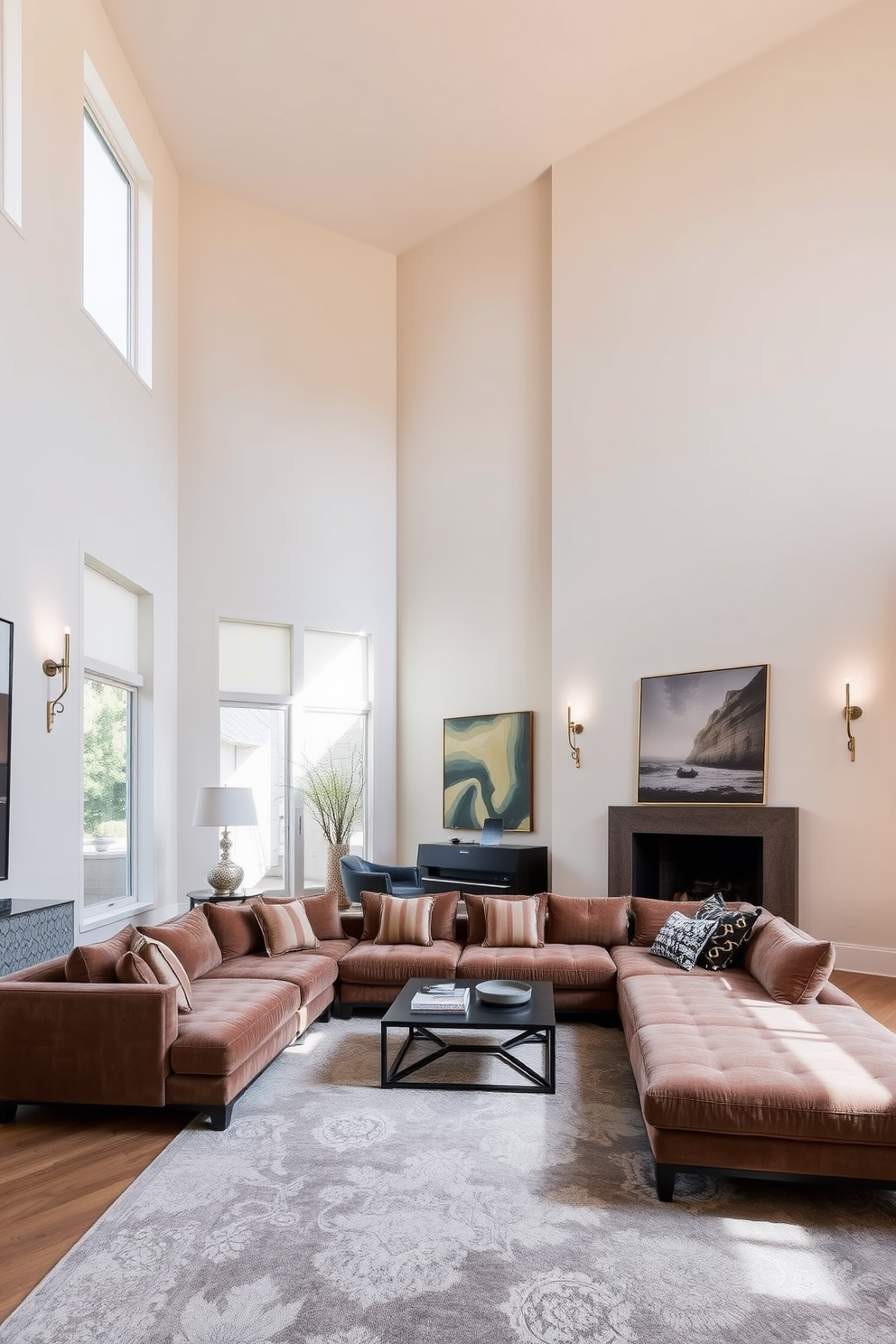 A spacious living room with a high ceiling that creates an airy atmosphere. The walls are painted in a soft neutral color, and large windows allow natural light to flood the space. Elegant wall sconces are strategically placed to highlight architectural features and artwork. A plush sectional sofa in a rich fabric is complemented by a sleek coffee table and a statement area rug that ties the room together.