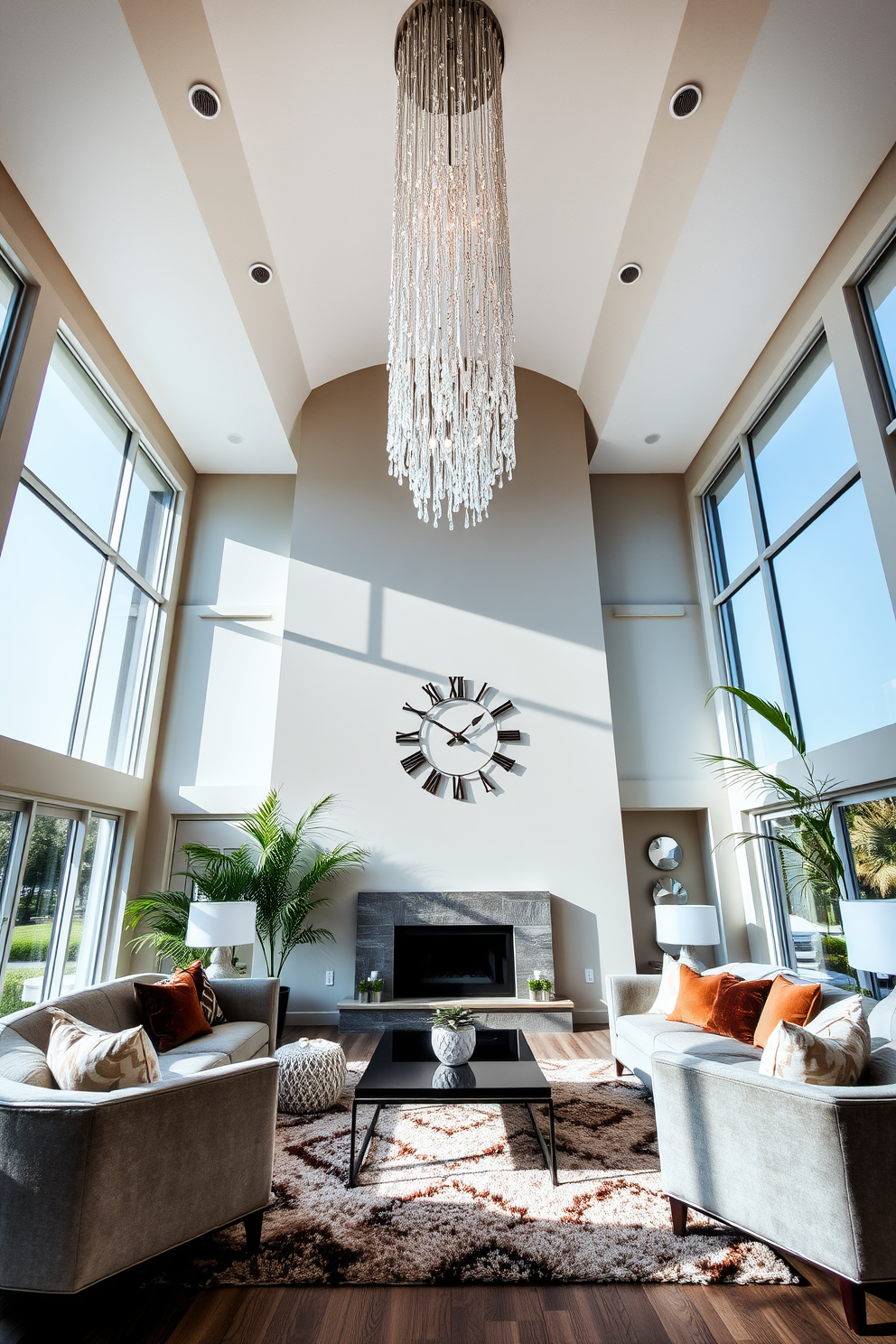 A high ceiling living room featuring an elegant chandelier that cascades down to create a focal point. The space is adorned with plush sofas arranged around a sleek coffee table, complemented by a statement wall clock that enhances the room's sophistication. Large windows allow natural light to flood the room, illuminating the rich textures of the furnishings. A cozy area rug anchors the seating arrangement, while tall indoor plants add a touch of greenery to the design.