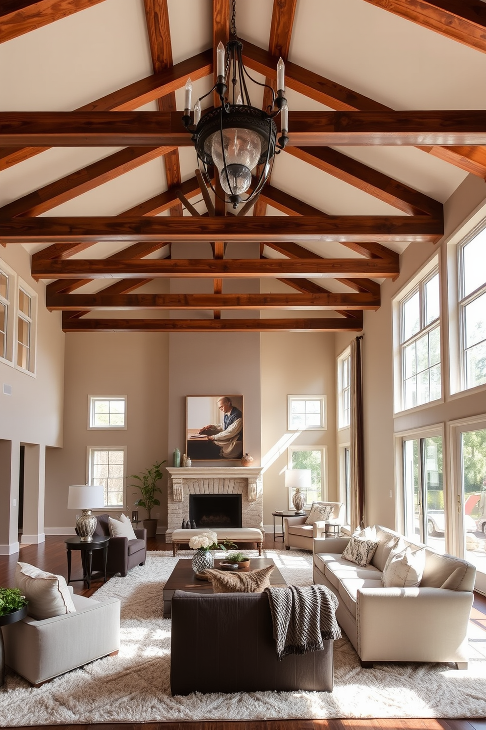 A spacious living room with high ceilings and large windows that allow natural light to flood the space. Layered textiles such as plush throw pillows and a soft area rug create a cozy atmosphere while maintaining an elegant aesthetic. The walls are painted in a warm neutral tone, complementing the rich wood beams that span the ceiling. A statement chandelier hangs from above, adding a touch of sophistication to the overall design.