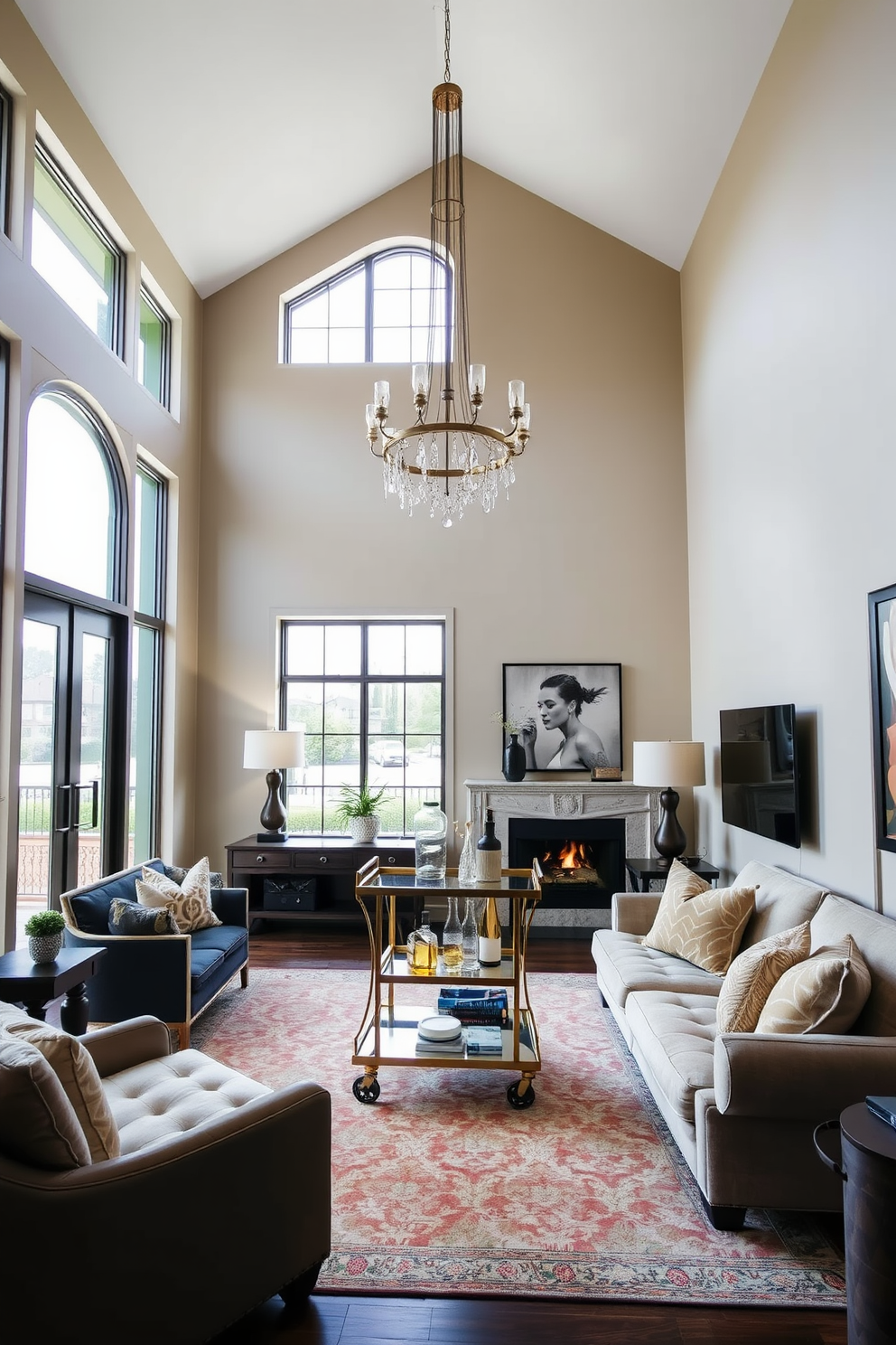 A high ceiling living room featuring a stylish bar cart positioned in one corner for functionality. The space is adorned with plush seating, large windows allowing natural light, and a statement chandelier that enhances the room's elegance.