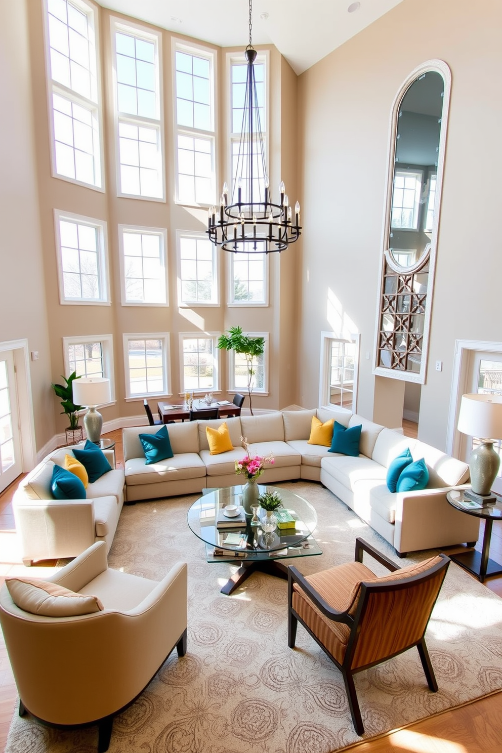 A spacious living room with high ceilings featuring large windows that allow natural light to flood in. The walls are painted in a soft beige, while the furniture includes a comfortable sectional sofa in a neutral tone accented with vibrant throw pillows in shades of teal and mustard. A statement chandelier hangs from the ceiling, adding elegance to the space. A large area rug with geometric patterns anchors the seating area, and a coffee table with a glass top and wooden base sits at the center, surrounded by stylish accent chairs.