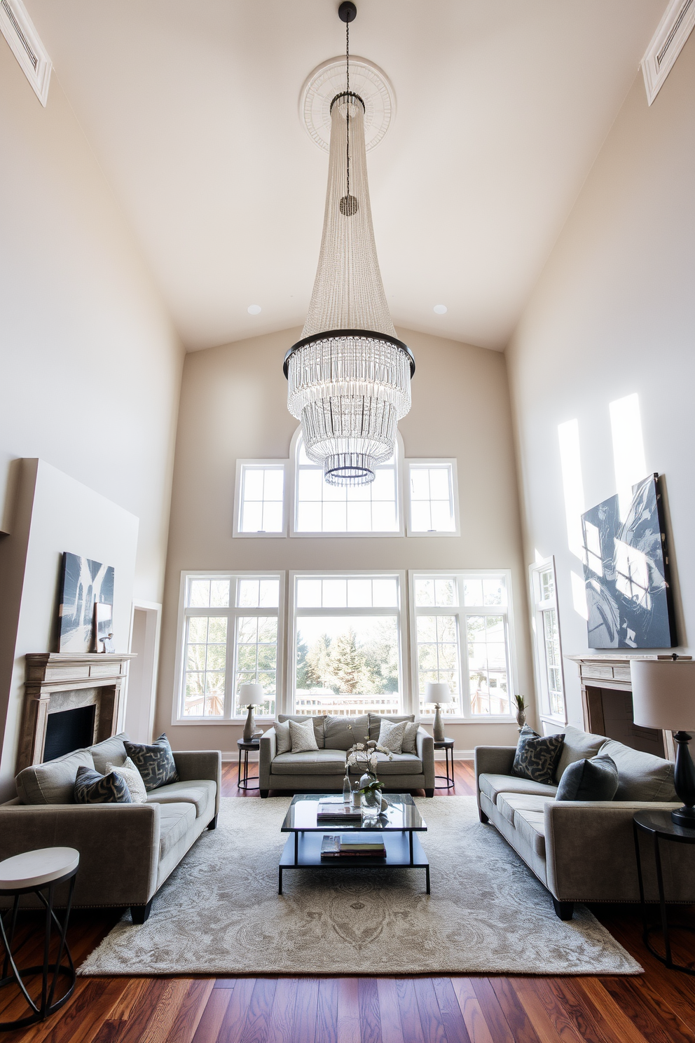 A high ceiling living room features an expansive space filled with natural light. A large statement chandelier hangs gracefully from the center, drawing the eye upwards and adding elegance to the room. The walls are painted in a soft neutral tone, complementing the rich hardwood flooring. Plush furniture in muted colors is arranged around a stylish coffee table, creating an inviting and comfortable seating area.