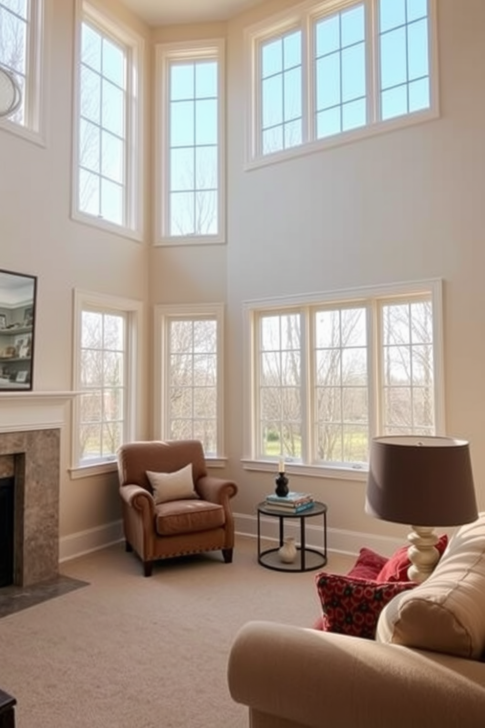 A high ceiling living room features expansive windows that allow natural light to flood the space. The walls are painted in a soft neutral tone, creating a warm and inviting atmosphere. In one corner, a cozy reading nook is created with a plush armchair upholstered in a rich fabric. A small side table holds a stack of books and a stylish lamp, perfect for curling up with a good read.