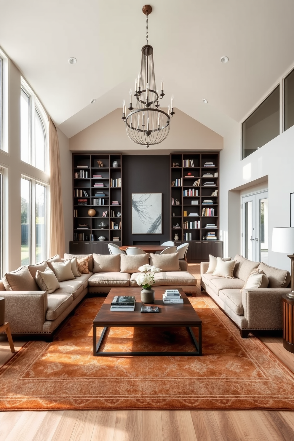 Create a cozy seating area featuring a plush sectional sofa adorned with soft throw pillows. A large area rug in warm tones anchors the space while a wooden coffee table sits at the center, surrounded by books and decorative items. Design a high ceiling living room with expansive windows that allow natural light to flood the space. Incorporate tall bookshelves that reach the ceiling and a statement chandelier that adds elegance to the room.