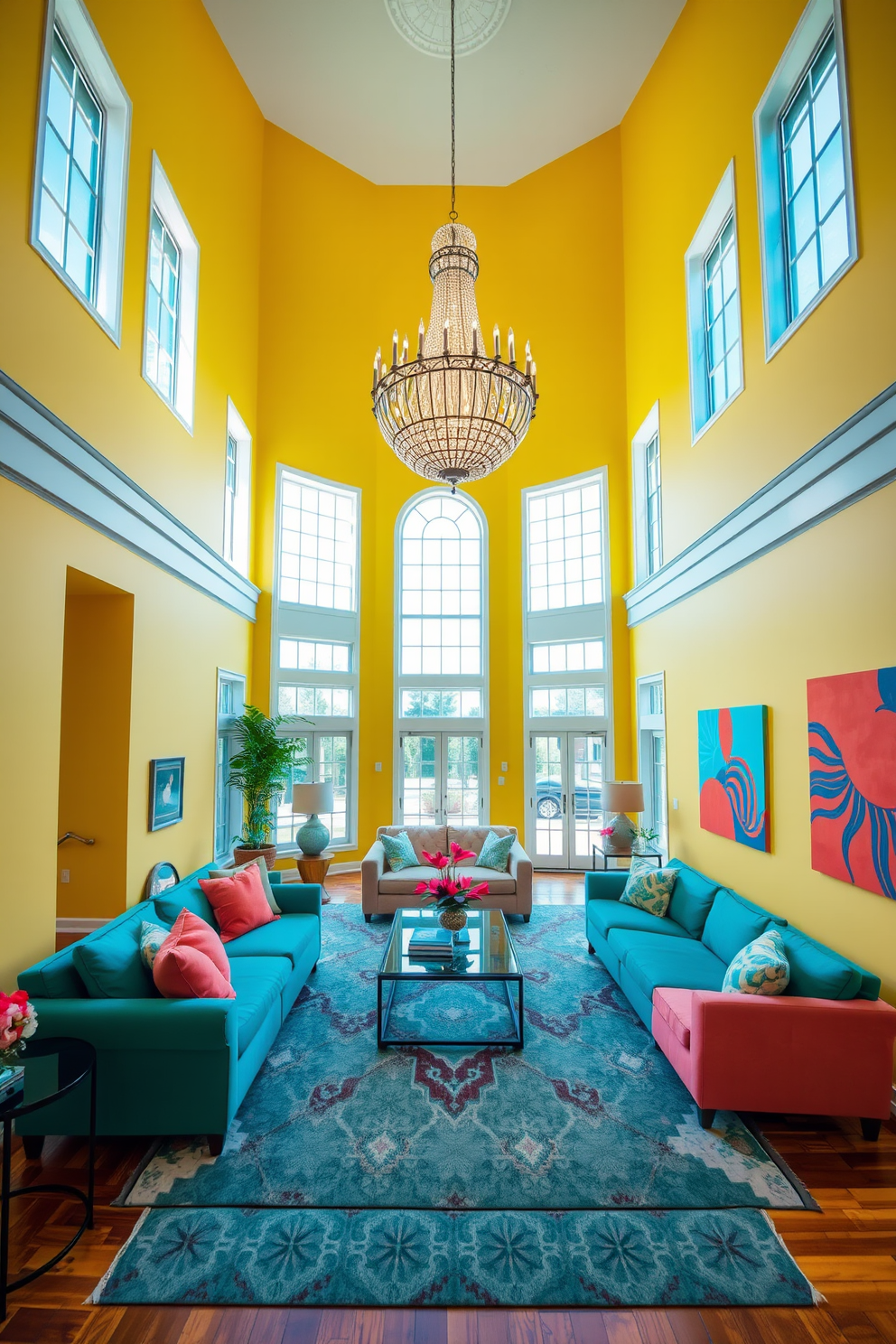 A high ceiling living room filled with vibrant colors that draw the eye downwards. The walls are painted in a cheerful yellow, and plush furniture in shades of teal and coral is arranged to create an inviting atmosphere. Large windows allow natural light to flood the space, highlighting a stunning chandelier that hangs gracefully from the ceiling. A bold area rug with geometric patterns anchors the seating area, while colorful artwork adorns the walls, adding personality and charm.