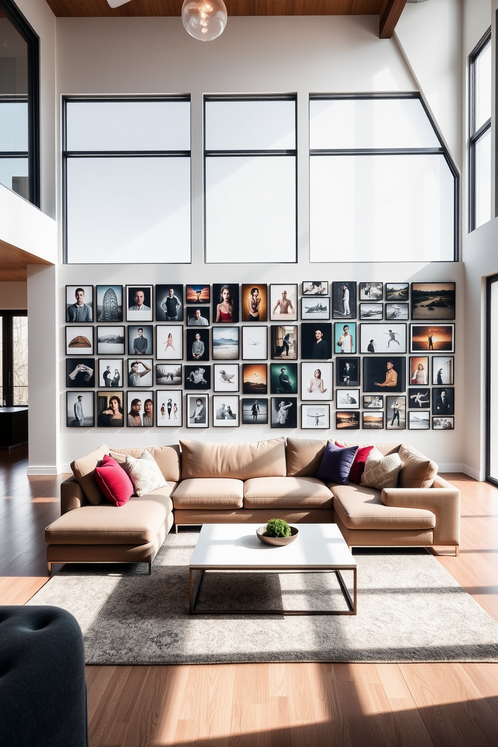 A spacious living room with a high ceiling features large windows that allow natural light to flood the space. A gallery wall adorned with a curated collection of framed photographs in various sizes creates a striking focal point. The room is furnished with a plush sectional sofa in a neutral tone, complemented by colorful throw pillows. A sleek coffee table sits in front of the sofa, and a modern area rug anchors the seating arrangement.