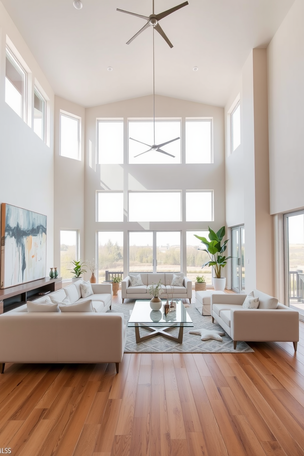 A spacious living room with high ceilings features low-profile furniture to create an open and airy atmosphere. The seating area includes a sleek, modern sofa and a pair of minimalist armchairs, arranged around a glass coffee table that enhances the sense of space. Large windows allow natural light to flood the room, highlighting the light-colored walls and wooden flooring. Decorative elements such as a large piece of abstract art and a few potted plants add character without overwhelming the design.