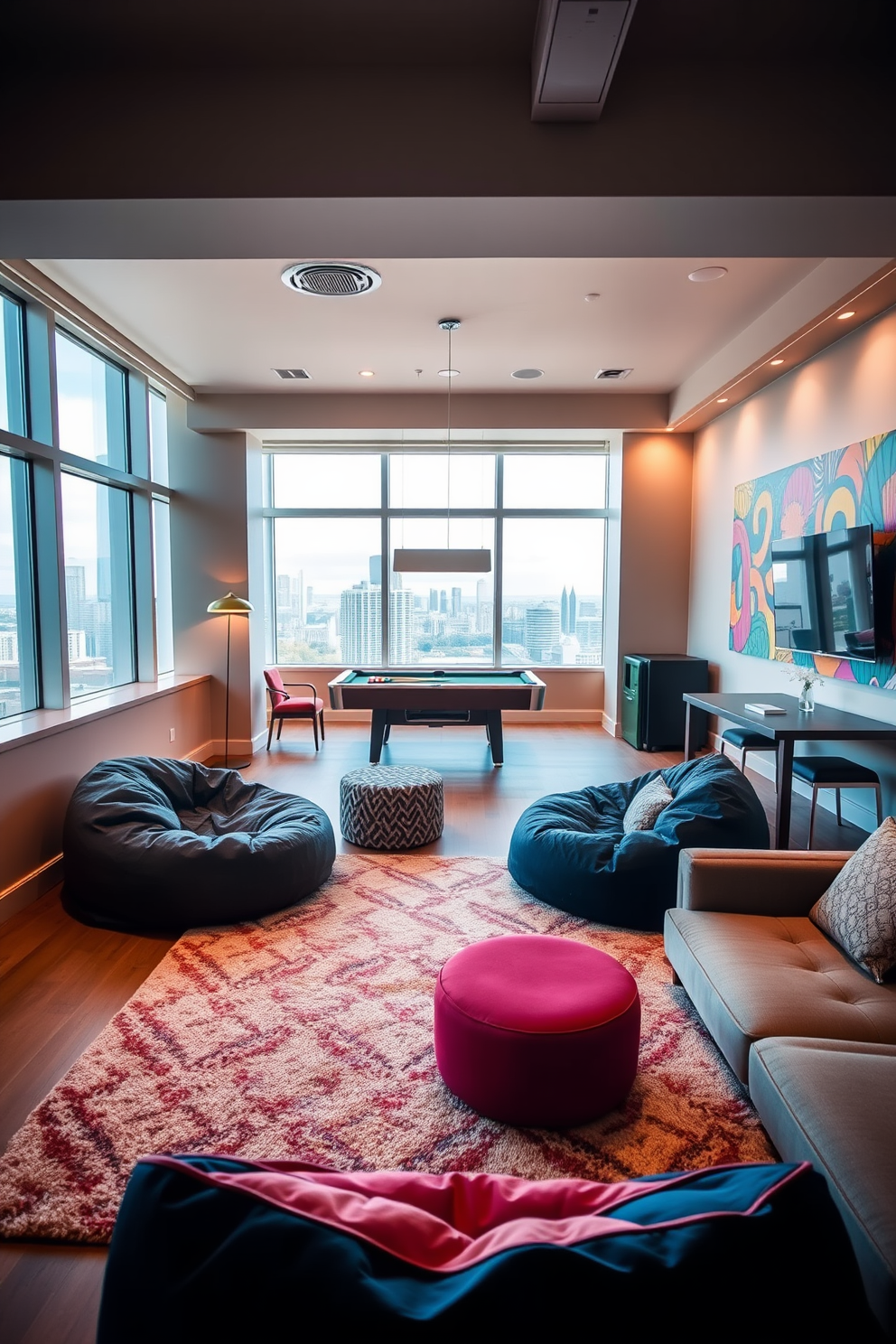 Cozy lounge area with bean bags. The space features a soft area rug, warm lighting, and a large window with a view of the city skyline. Highrise game room design ideas. This room includes a pool table, comfortable seating, and vibrant wall art that reflects a playful atmosphere.