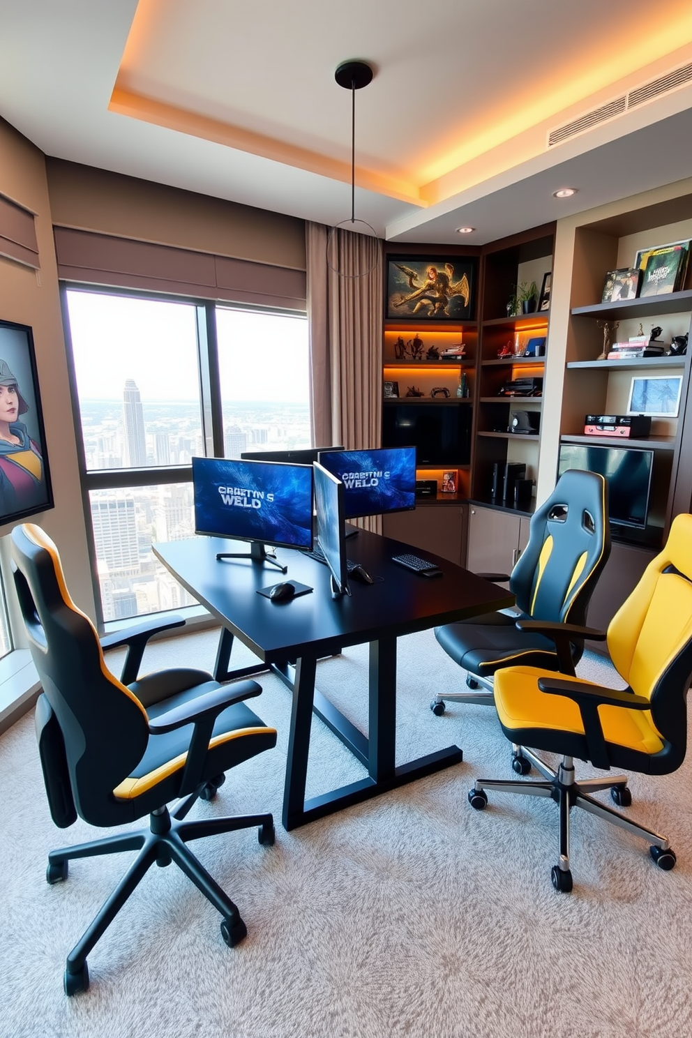 A modern gaming desk is positioned in the center of the room, featuring a sleek black finish and ample space for multiple monitors. Flanking the desk are ergonomic chairs designed for comfort during long gaming sessions, upholstered in a vibrant color to add energy to the space. The highrise game room boasts floor-to-ceiling windows that offer stunning city views, allowing natural light to flood the area. Walls are adorned with custom artwork and shelves displaying gaming memorabilia, creating a personalized and immersive environment.