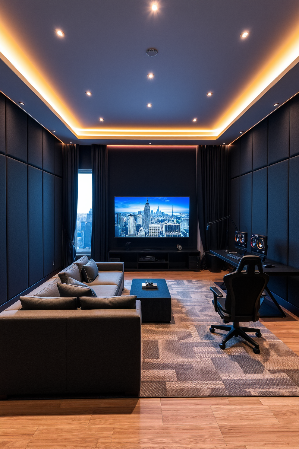 A high-end gaming room designed for optimal soundproofing features sleek acoustic panels lining the walls in a deep charcoal color. The room is equipped with a plush sectional sofa facing a large screen, with ambient LED lighting enhancing the immersive experience. Large windows provide a view of the city skyline, while blackout curtains ensure complete darkness during gaming sessions. A custom-built gaming desk with ergonomic chairs sits in one corner, complemented by stylish decor that reflects a modern aesthetic.