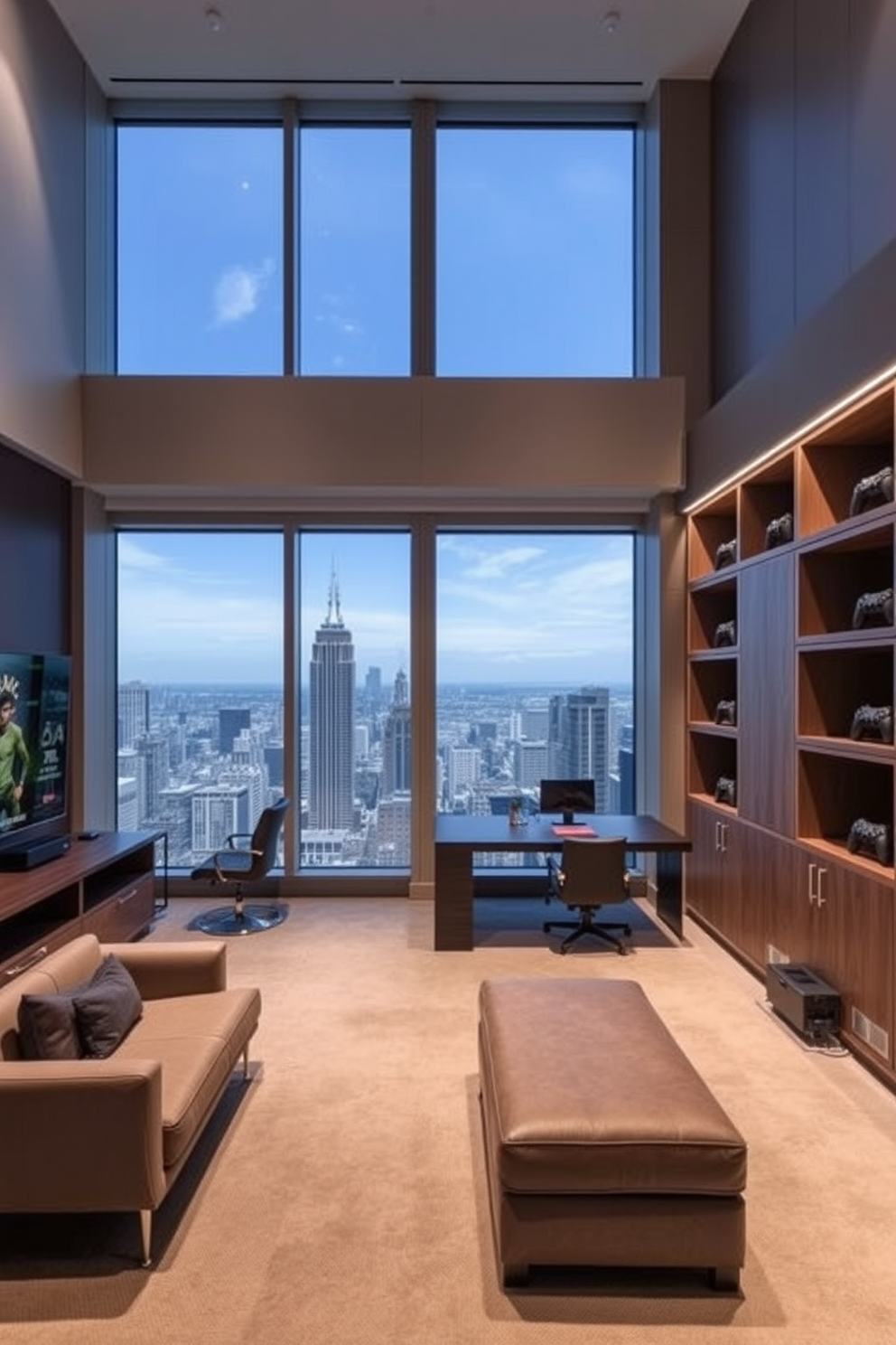 A highrise game room featuring sleek built-in cabinetry that seamlessly integrates hidden storage for games and controllers. Large floor-to-ceiling windows provide stunning city views, while plush seating invites relaxation and enjoyment during gaming sessions.