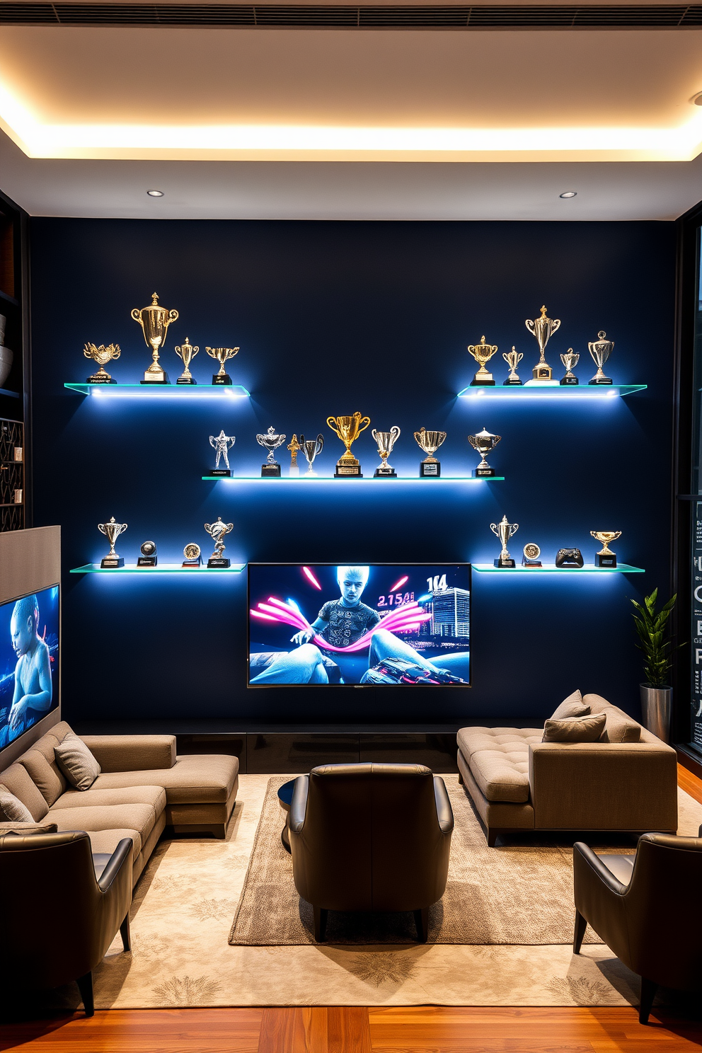 A personalized gaming trophies display area featuring sleek glass shelves illuminated by soft LED lighting. The wall behind the shelves is painted a deep navy blue, providing a striking contrast to the trophies and creating a sense of depth. A highrise game room designed with modern furnishings and panoramic city views. The room includes a plush sectional sofa, a large gaming screen, and stylish accent chairs that invite relaxation and entertainment.