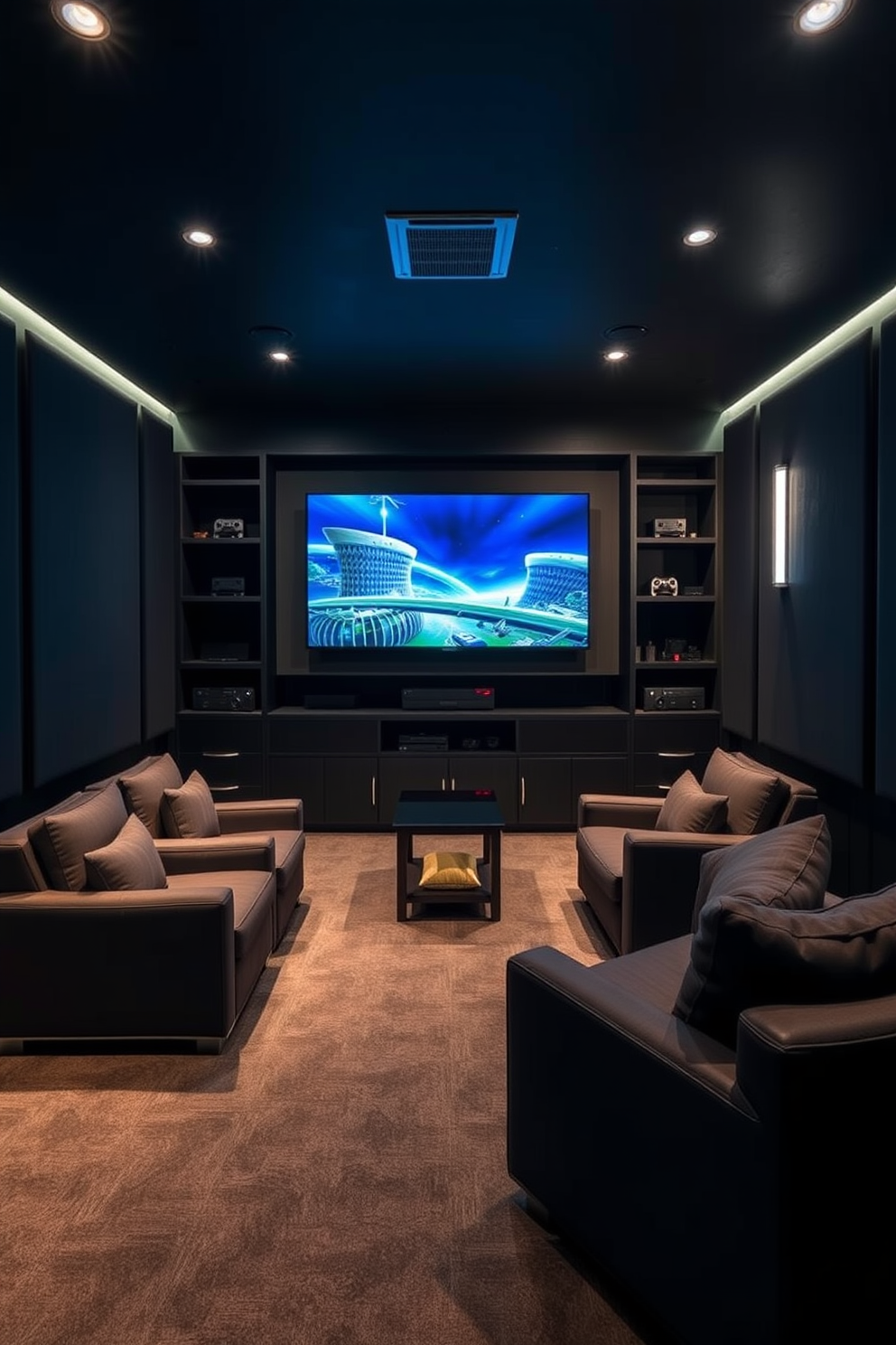 A sleek high-rise game room designed for an immersive gaming experience. The space features a large wall-mounted screen surrounded by custom shelving for gaming consoles and accessories. Comfortable seating is arranged in a semi-circle to enhance the viewing experience. The walls are adorned with soundproof panels in dark colors to create a cozy atmosphere while minimizing noise.