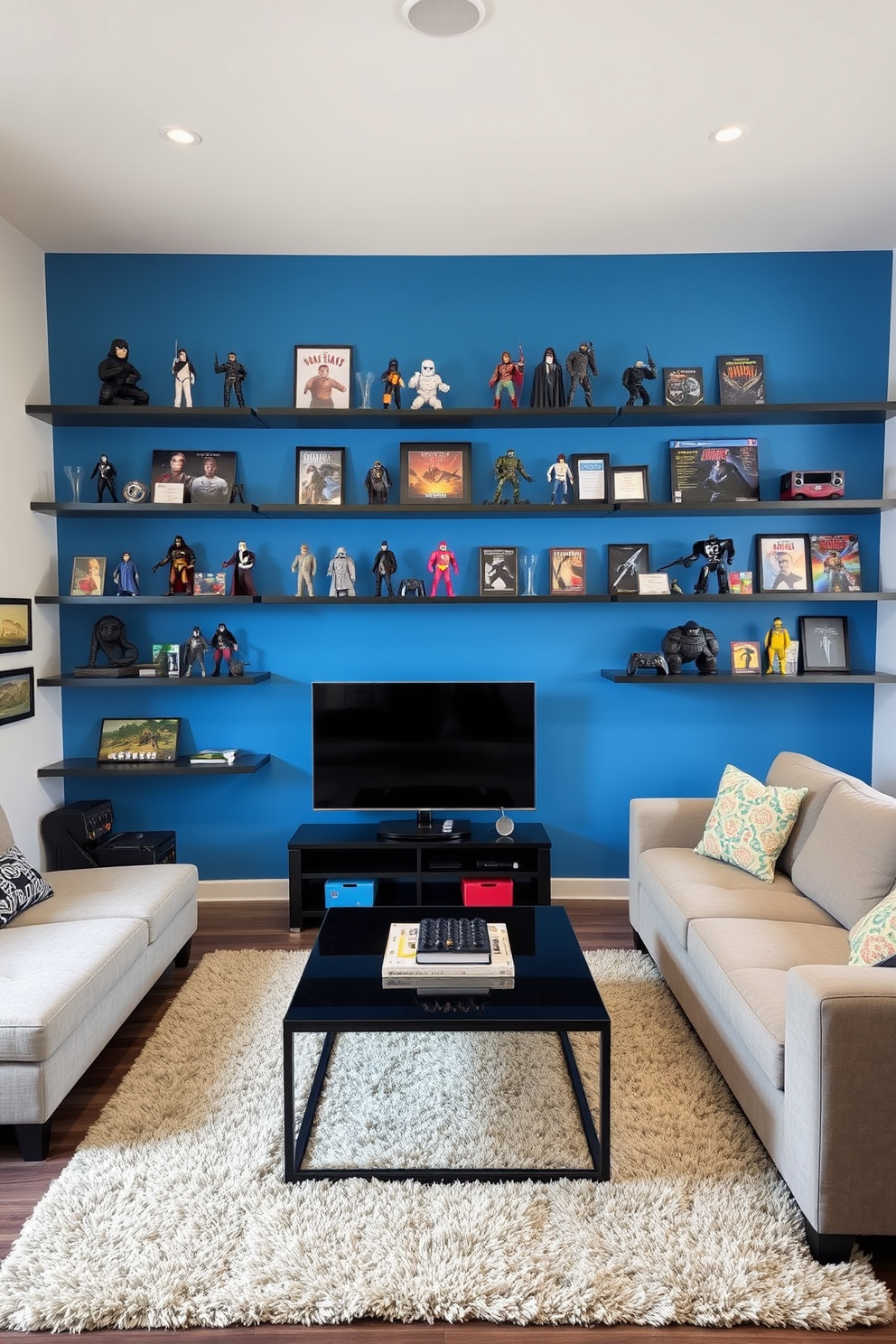 A modern game room featuring wall-mounted shelves for collectibles display. The shelves are made of sleek black metal and hold an array of action figures and memorabilia against a vibrant blue accent wall. The room includes a large sectional sofa in a neutral color, facing a wall-mounted flat-screen TV. A stylish coffee table sits in the center, surrounded by a plush area rug that adds warmth to the space.