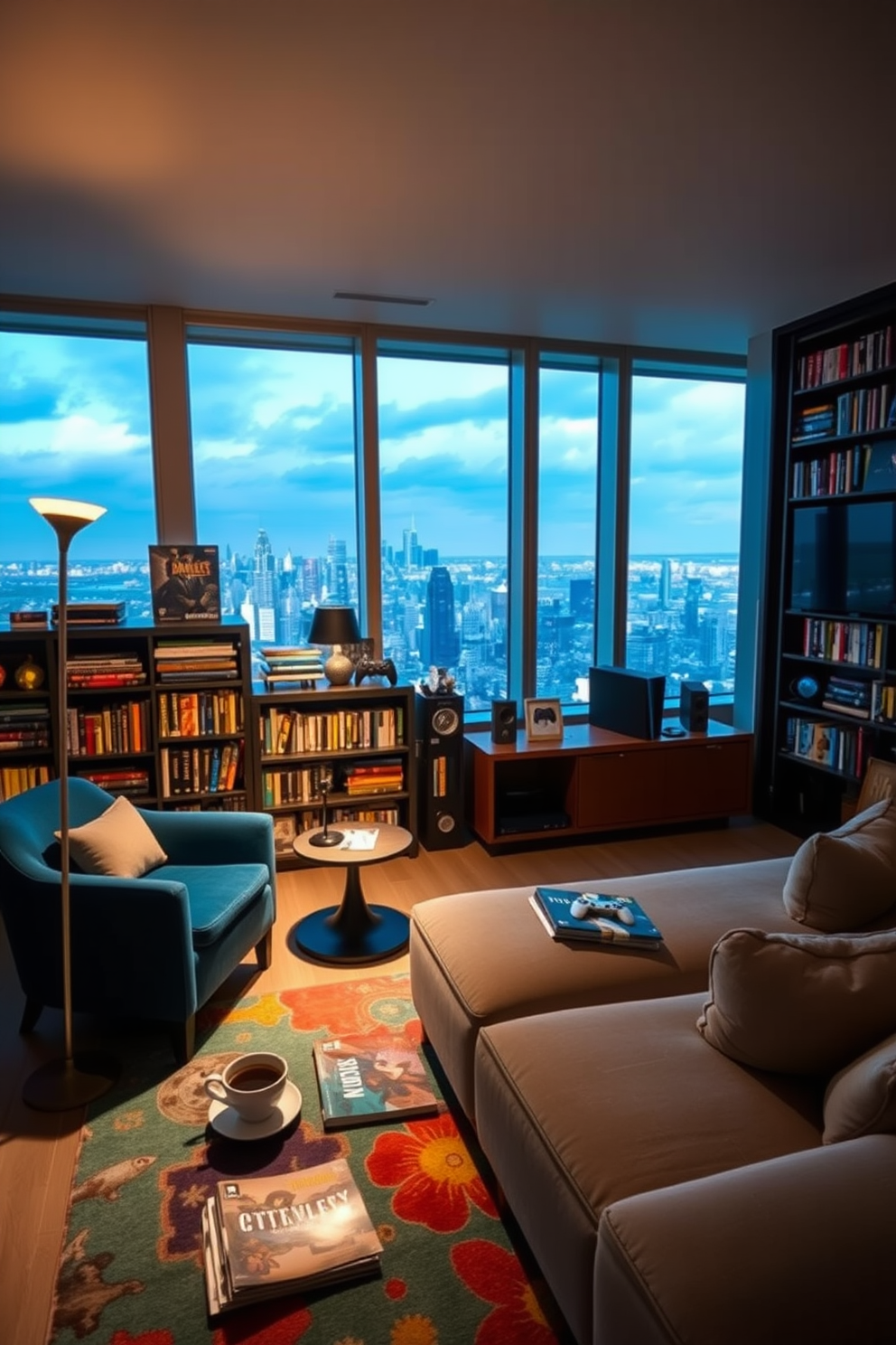 Cozy reading nook with gaming books. A plush armchair in a deep blue fabric is positioned next to a tall bookshelf filled with colorful gaming books and collectibles. Soft lighting emanates from a stylish floor lamp, creating a warm ambiance. A small side table holds a steaming cup of coffee and a stack of magazines, inviting relaxation and enjoyment. Highrise game room design ideas. The room features large windows showcasing a stunning city view, with a sleek gaming console setup against one wall. An oversized sectional sofa in a neutral tone provides ample seating, while a vibrant area rug adds a pop of color.