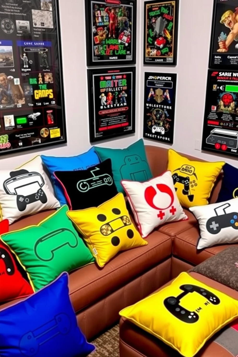 A vibrant game room setting featuring an array of game-themed cushions and throw pillows in various colors and designs. The walls are adorned with framed posters of classic video games, and a plush sectional sofa invites relaxation and fun.