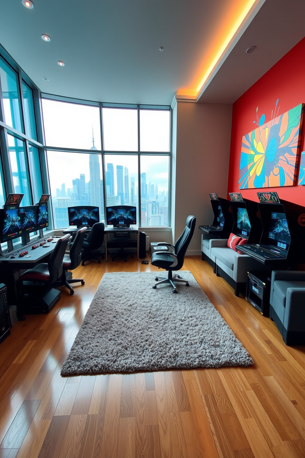 A vibrant game room filled with high-end gaming consoles and comfortable seating. The walls are adorned with colorful wall art that adds energy and excitement to the space. Large windows provide stunning views of the city skyline, flooding the room with natural light. The flooring is a sleek hardwood, complemented by a plush area rug that defines the gaming zone.