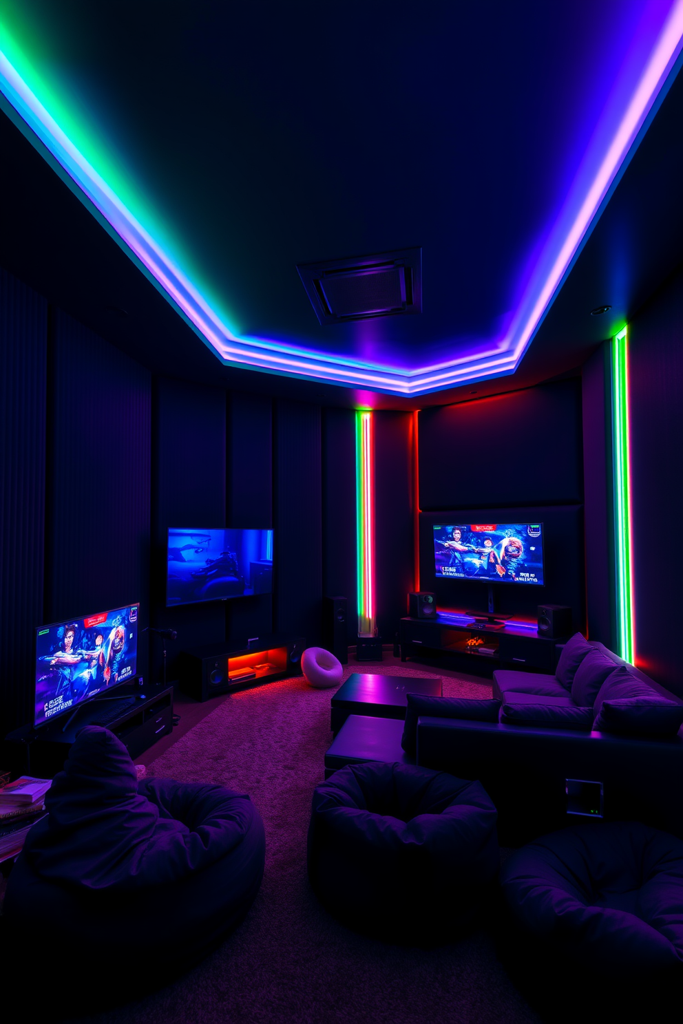 A highrise game room with mood lighting tailored for various gaming vibes. The walls are adorned with soundproof panels in dark colors, while LED strips illuminate the space in customizable hues. The room features a sleek gaming console setup with multiple screens displaying vibrant game graphics. Plush seating options include a sectional sofa and bean bags, creating a comfortable atmosphere for both solo and multiplayer sessions.