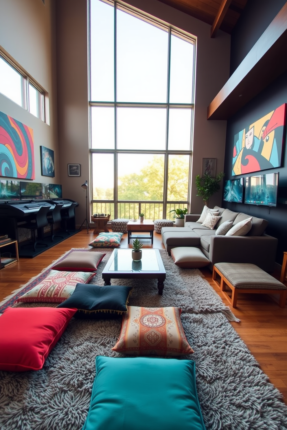 A cozy game room featuring floor cushions in various colors and patterns arranged around a low coffee table. The walls are adorned with vibrant artwork, and large windows provide ample natural light to create an inviting atmosphere. The space includes a sleek gaming console setup with multiple screens and comfortable seating options. Plush rugs cover the hardwood floor, adding warmth and texture to the lively environment.