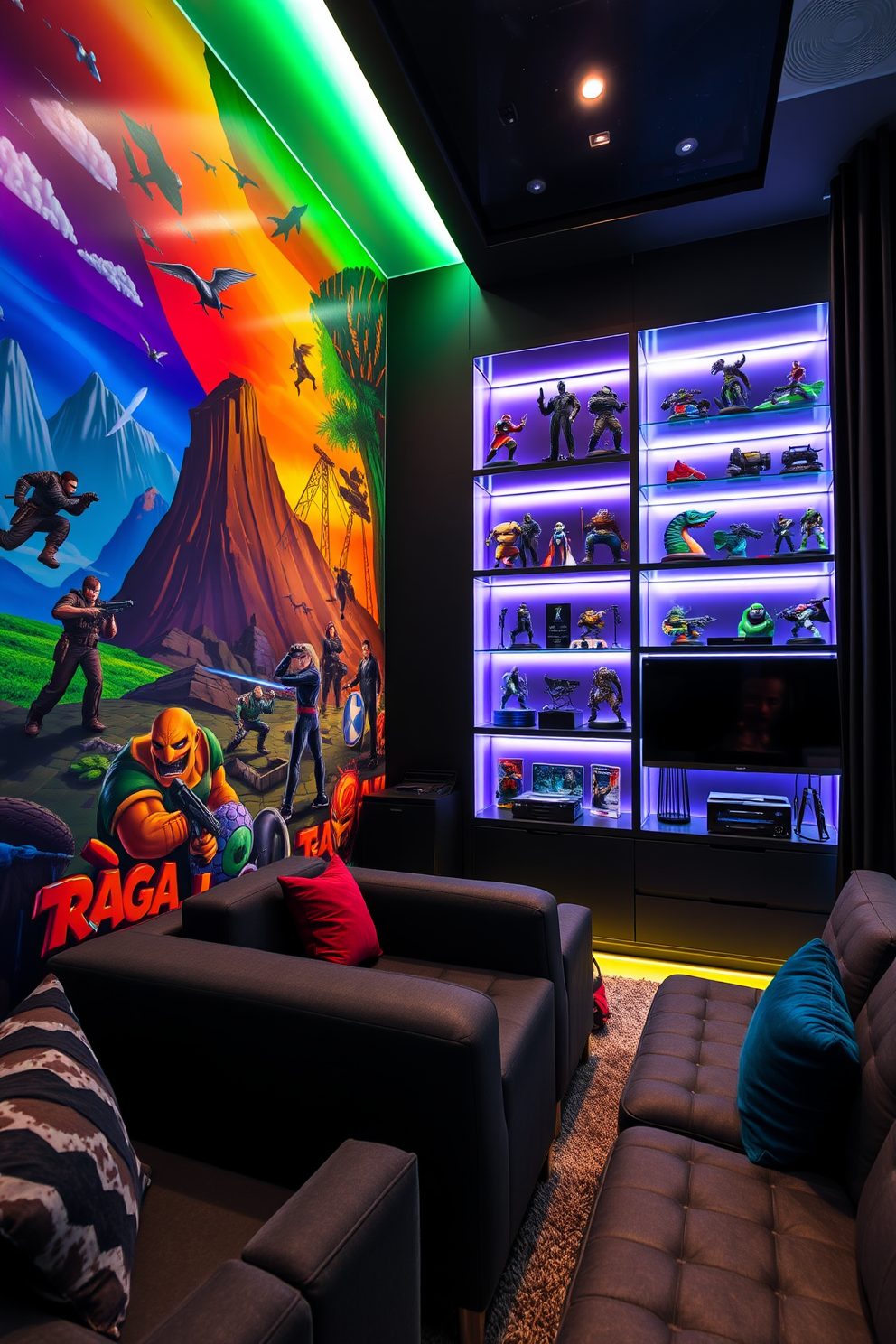 A vibrant gaming-themed mural covers one wall, featuring iconic characters and landscapes from popular video games. The opposite wall showcases sleek shelving filled with collectible figurines and gaming accessories, creating a dynamic focal point. The game room is designed with a modern aesthetic, featuring plush seating and ambient LED lighting that enhances the gaming experience. Large windows provide natural light, while blackout curtains ensure an immersive environment for late-night gaming sessions.