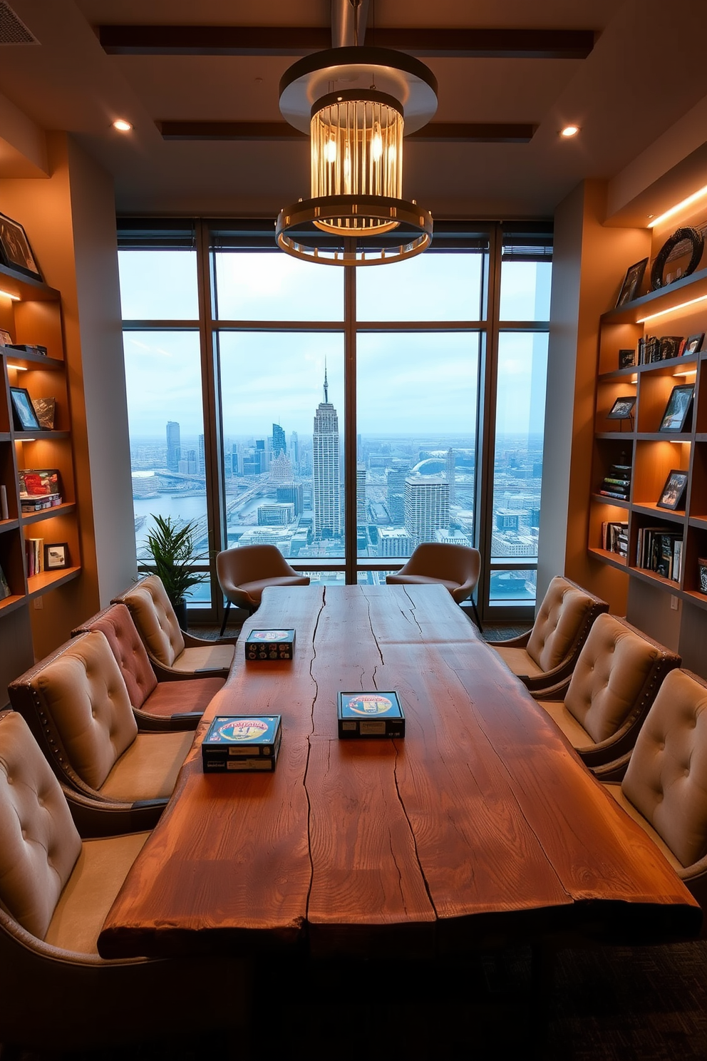 A dedicated space for tabletop games features a large, rustic wooden table surrounded by comfortable upholstered chairs. The walls are adorned with shelves filled with board games and collectibles, creating an inviting atmosphere. The room is illuminated by warm, ambient lighting, with a striking chandelier as a focal point. Large windows provide a view of the city skyline, enhancing the high-rise game room's modern aesthetic.