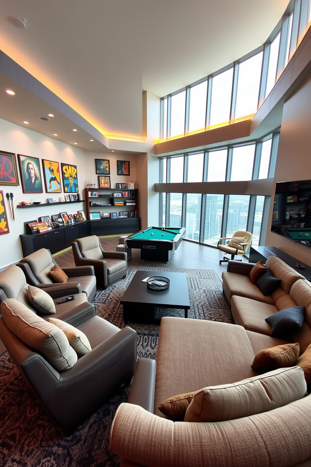 A cozy game room featuring plush recliners and a spacious sectional sofa arranged around a large coffee table. The walls are adorned with vibrant artwork and shelves filled with board games, while soft lighting creates an inviting atmosphere. The room includes a sleek pool table and a large flat-screen TV mounted above a stylish media console. Large windows provide a stunning view of the city skyline, enhancing the high-rise ambiance of the space.