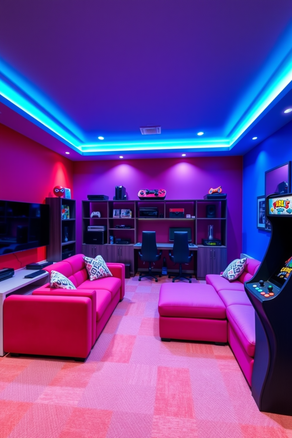 A vibrant game room filled with energy and excitement. The walls are painted in bold colors that reflect the dynamic nature of gaming, with accent lighting that enhances the atmosphere. The furniture is a mix of modern and playful designs, featuring a large sectional sofa in a striking hue. Game consoles and accessories are neatly organized on sleek shelves, while a custom-built arcade cabinet adds a nostalgic touch.