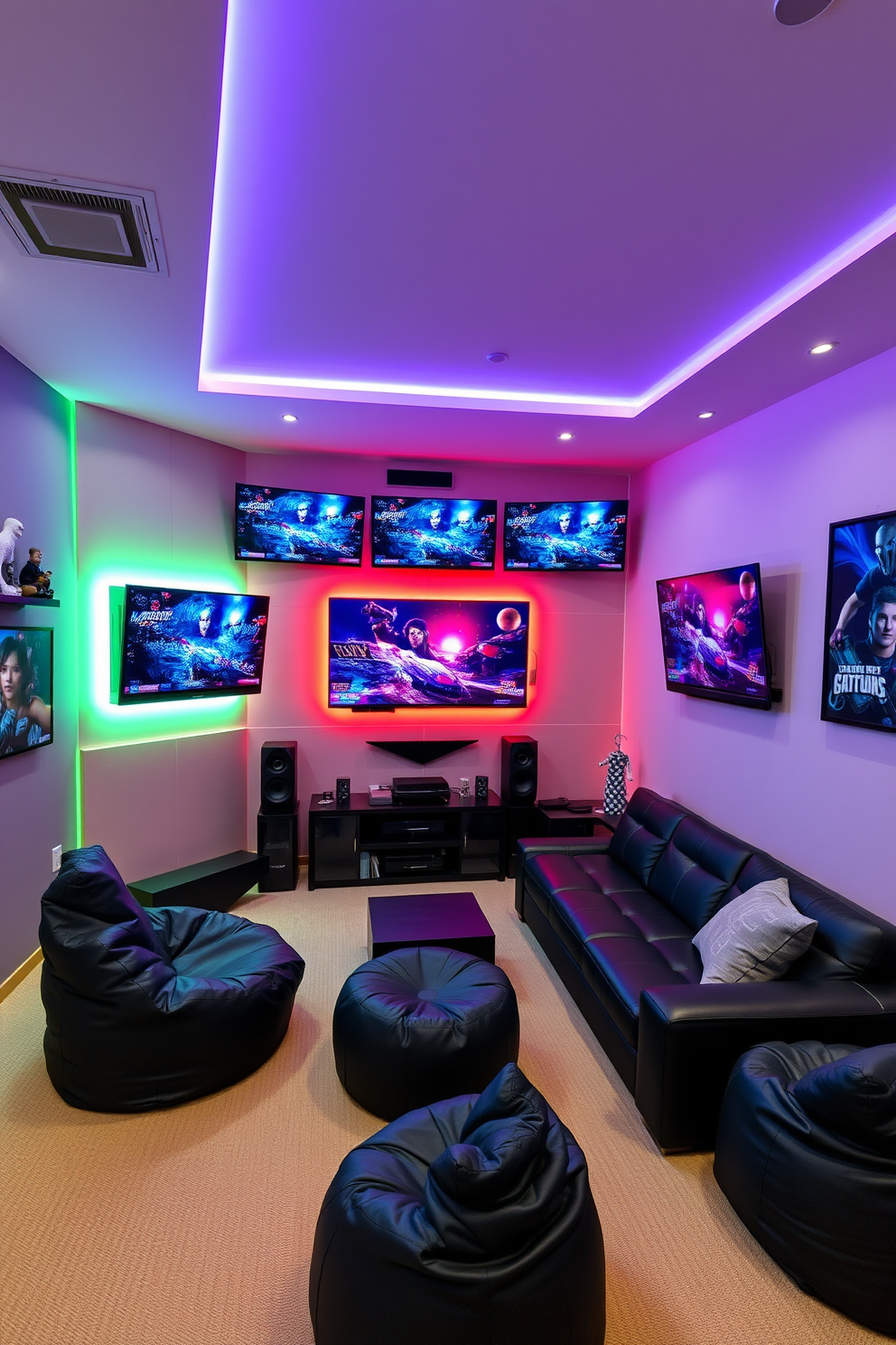 A modern game room featuring wall-mounted monitors arranged for an immersive multi-gaming experience. The room is designed with sleek black furniture, vibrant LED lighting, and soundproofing panels for an optimal gaming atmosphere. The walls are adorned with gaming-themed artwork and shelves displaying collectibles. A comfortable sectional sofa and bean bags provide ample seating for friends and family to enjoy gaming sessions together.