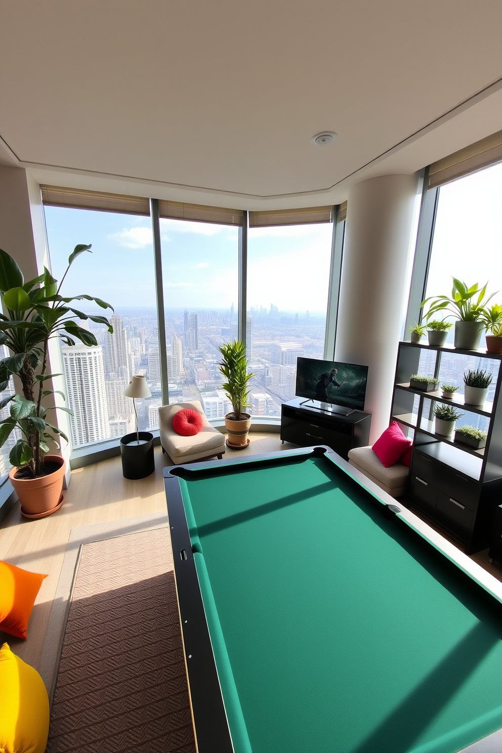 A highrise game room featuring floor-to-ceiling windows that offer stunning city views. The space includes a sleek pool table, a modern gaming console setup, and comfortable seating with vibrant cushions. Incorporated plants are strategically placed throughout the room to enhance fresh air and aesthetics. A large potted plant sits in one corner, while smaller succulents adorn the shelves, adding a touch of nature to the contemporary design.