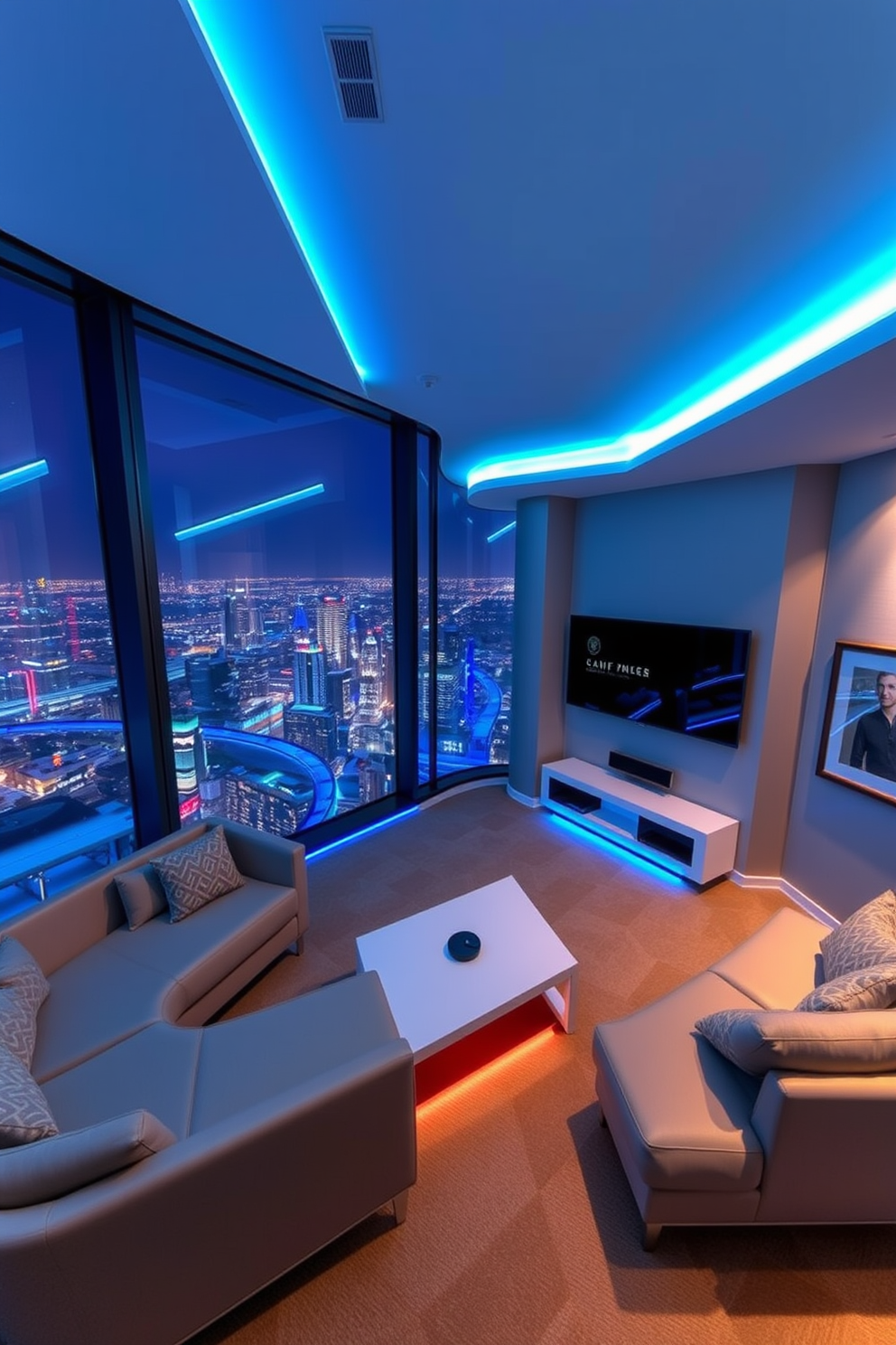 A high-rise game room with expansive city views through floor-to-ceiling windows. The space features sleek furniture with a modern aesthetic, including a sectional sofa and a contemporary coffee table. LED strip lights are integrated into the ceiling and around the gaming area to create a vibrant atmosphere. The walls are adorned with framed artwork and a large flat-screen TV is mounted for an immersive gaming experience.