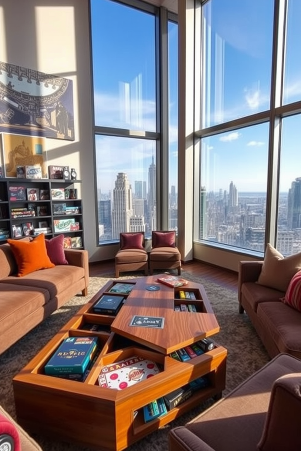 A unique coffee table designed for game storage sits at the center of a high-rise game room. The table features a sleek wood finish with hidden compartments for board games and accessories, surrounded by plush seating that encourages relaxation and socializing. Large windows offer stunning views of the city skyline, filling the space with natural light. The walls are adorned with vibrant artwork and shelves displaying favorite games, creating an inviting atmosphere for both play and leisure.