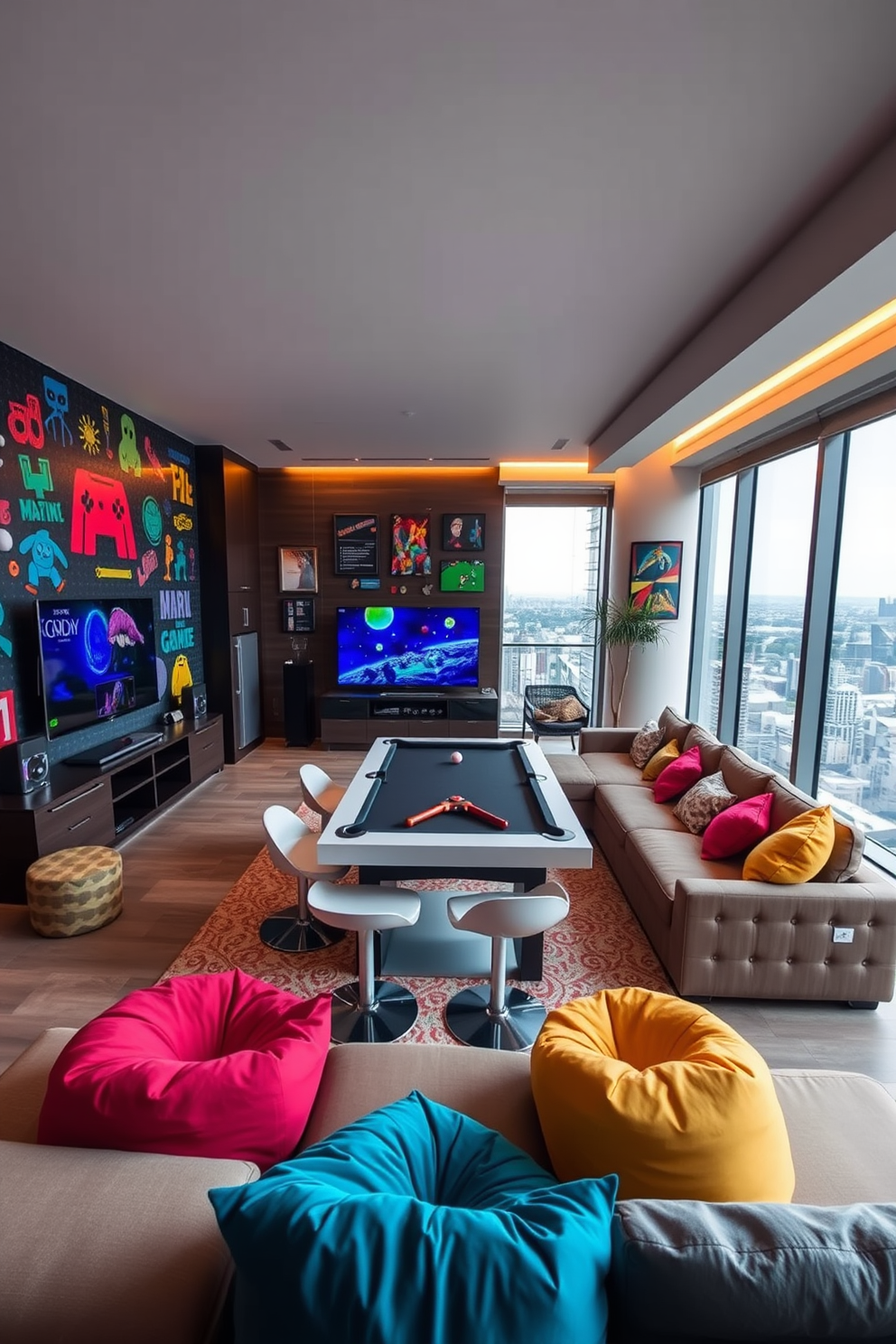 Open gaming space with modular furniture. The area features a large sectional sofa that can be rearranged, complemented by colorful bean bags scattered around for additional seating. The walls are adorned with vibrant artwork inspired by classic video games. A sleek entertainment unit houses the latest gaming consoles and a large flat-screen TV, creating an inviting atmosphere for both relaxation and play. Highrise game room design ideas. Floor-to-ceiling windows offer stunning city views, while a pool table sits in the center, surrounded by modern bar stools for a casual vibe. Soft ambient lighting enhances the space, and a mini-fridge stocked with refreshments is conveniently placed nearby for easy access during gaming sessions.