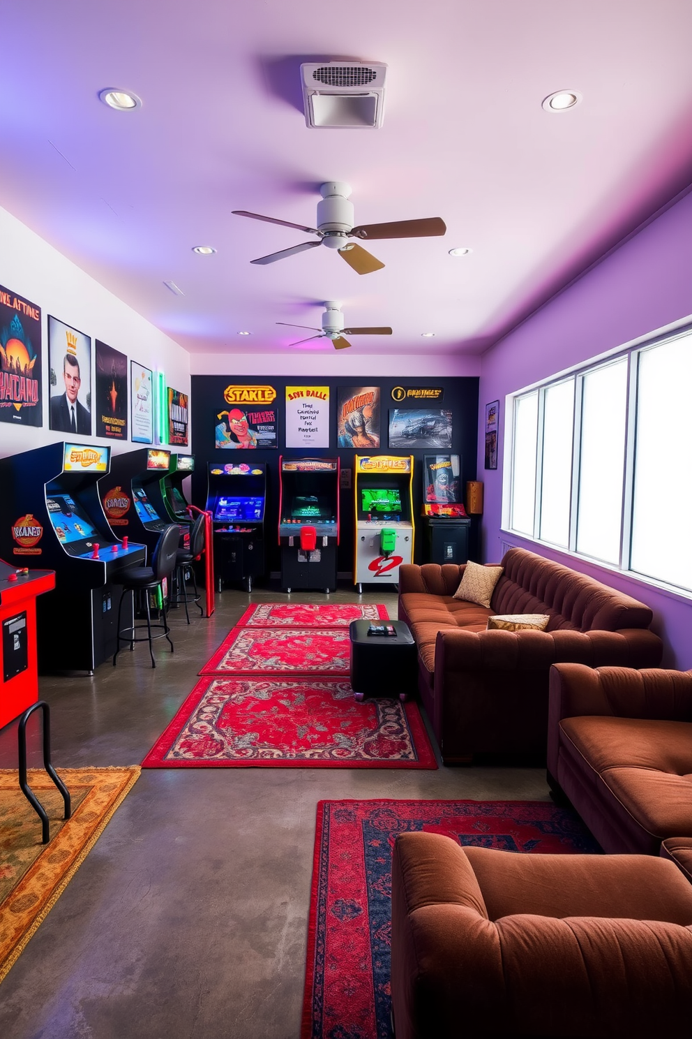 A vibrant game room featuring vintage arcade games as focal points. The walls are adorned with retro posters and neon lights, creating a nostalgic atmosphere. The flooring is a polished concrete with colorful area rugs to define different gaming zones. Plush seating options surround the arcade machines, inviting friends and family to gather and play.