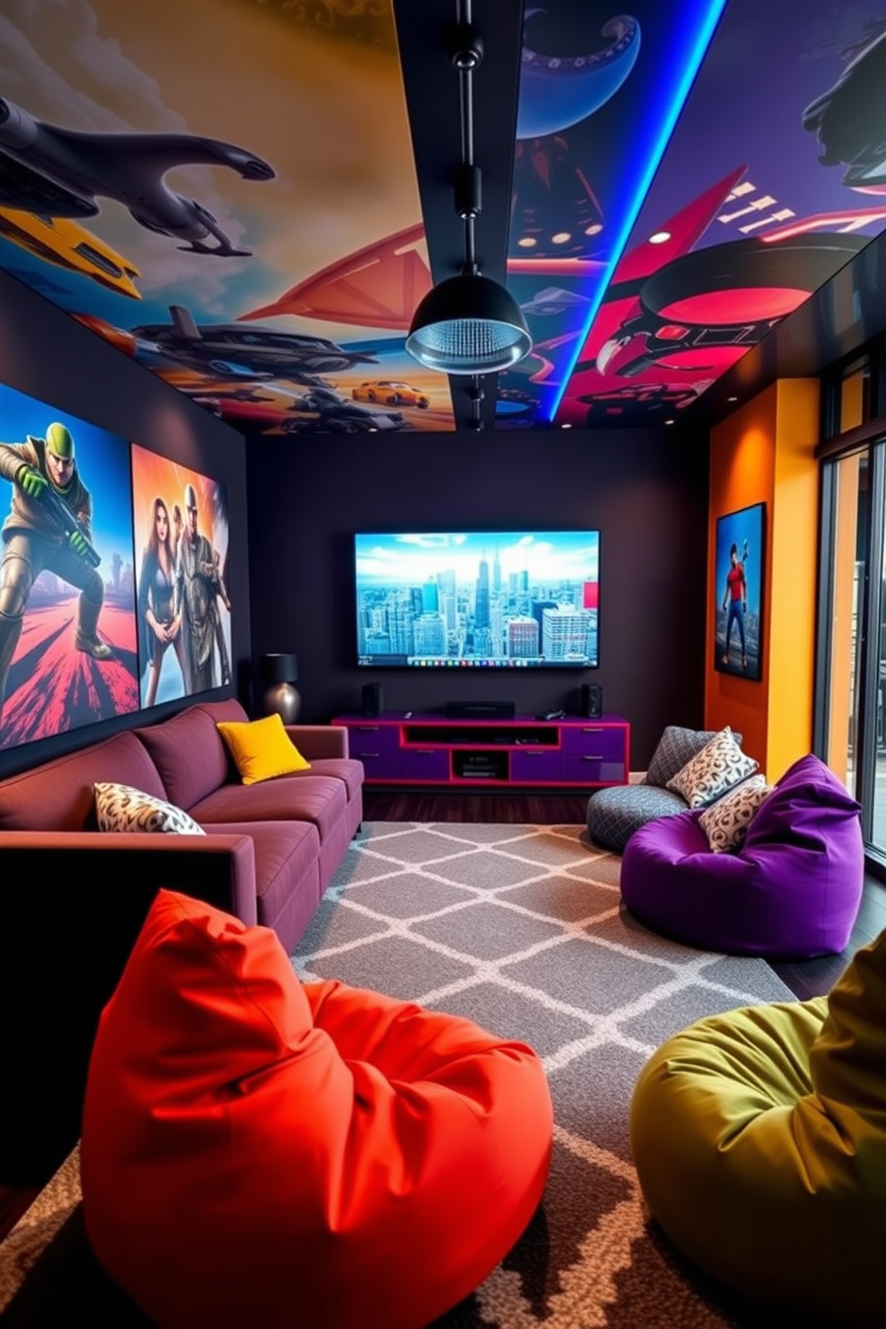 A vibrant game room inspired by the aesthetics of a highrise. The walls are adorned with large-scale artwork depicting iconic scenes from favorite games, and the furniture features sleek, modern lines in bold colors. A comfortable sectional sofa faces a large screen, perfect for gaming sessions. Plush bean bags are scattered around for additional seating, and the floor is covered with a soft, geometric-patterned rug that ties the room together.