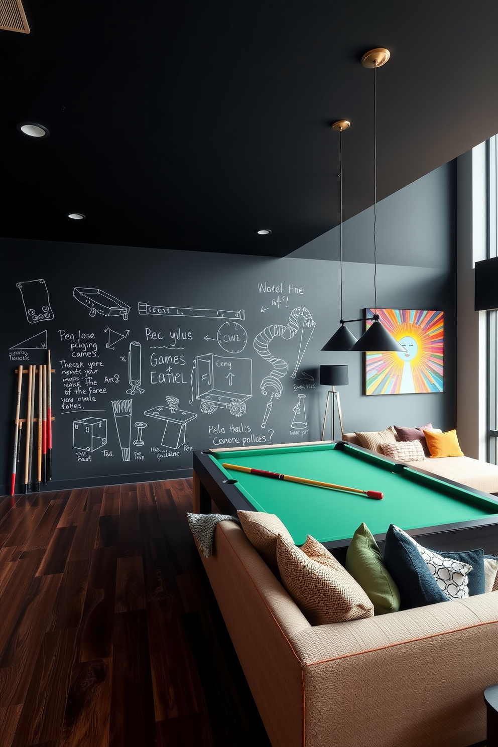 A modern high-rise game room featuring an interactive wall painted with chalkboard paint. The space includes a large sectional sofa, a pool table, and vibrant artwork that adds energy to the room.